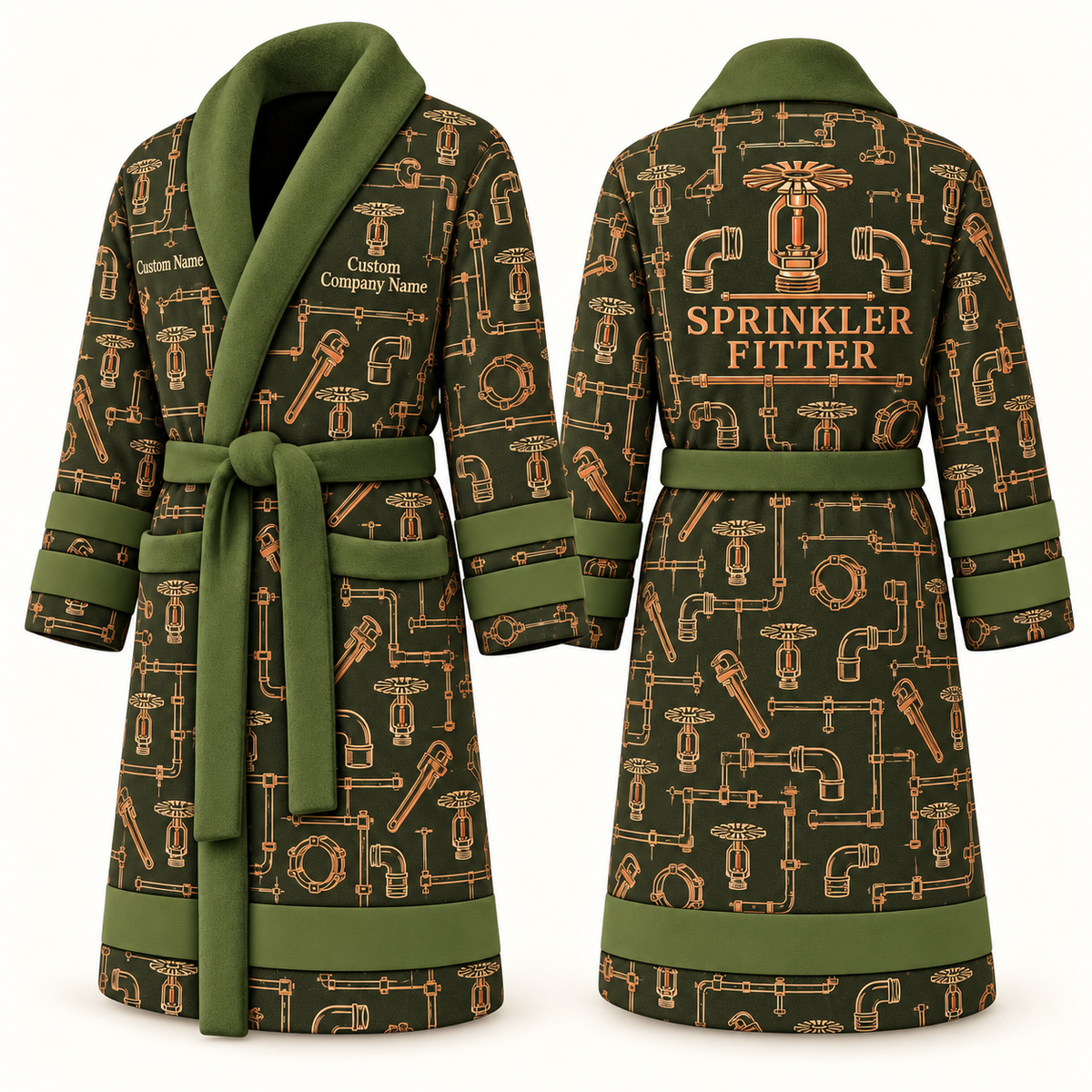 Personalized Sprinkler Fitter Bathrobe olive front and back