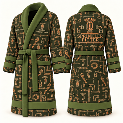Personalized Sprinkler Fitter Bathrobe olive front and back