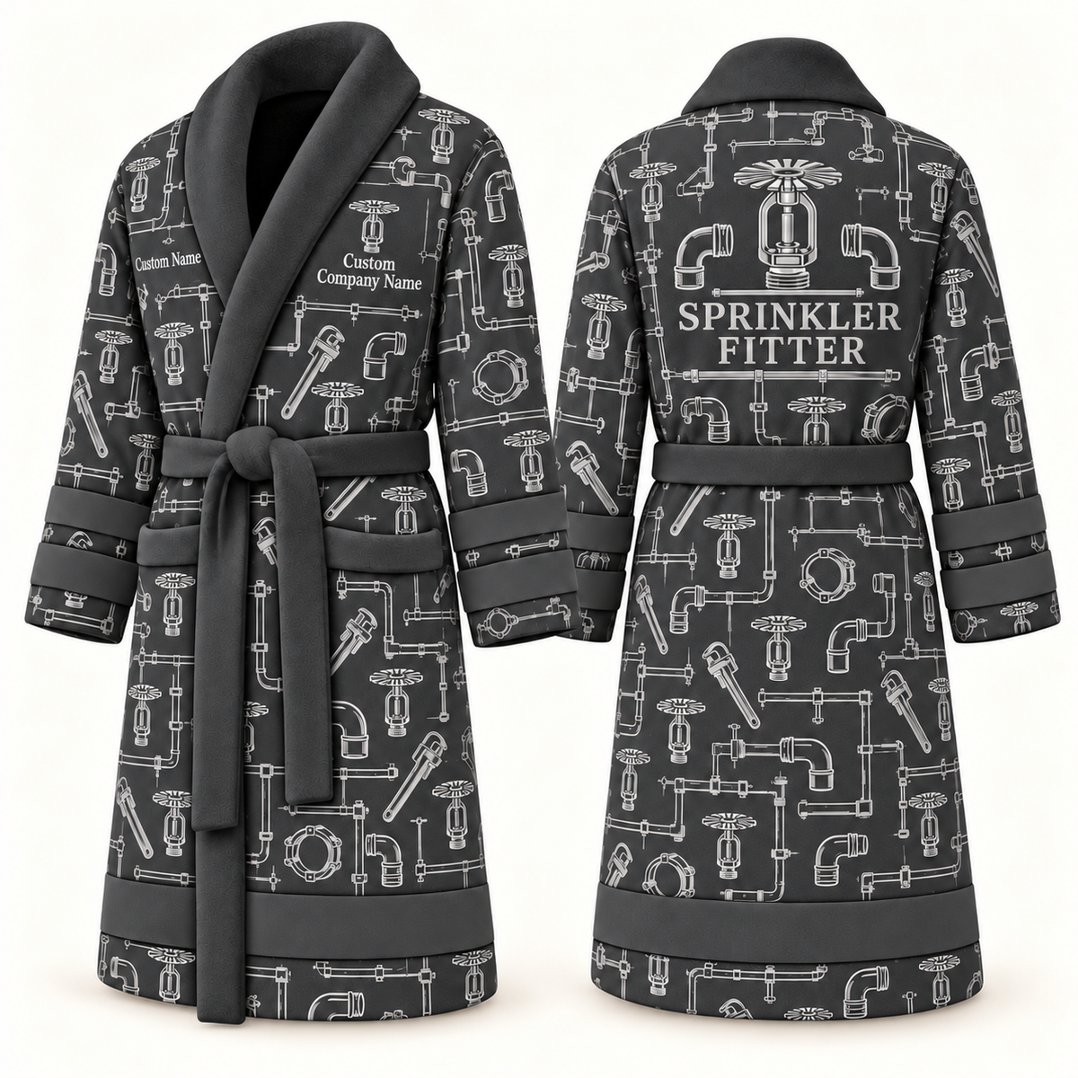 Personalized Sprinkler Fitter Bathrobe slate front and back