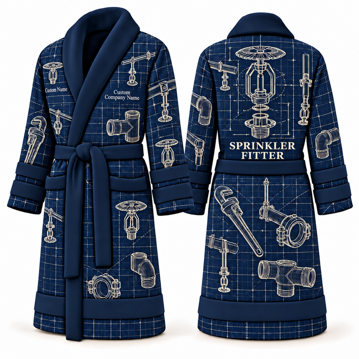 Personalized Sprinkler Fitter Bathrobe - Blueprint Workshop blue front and back view