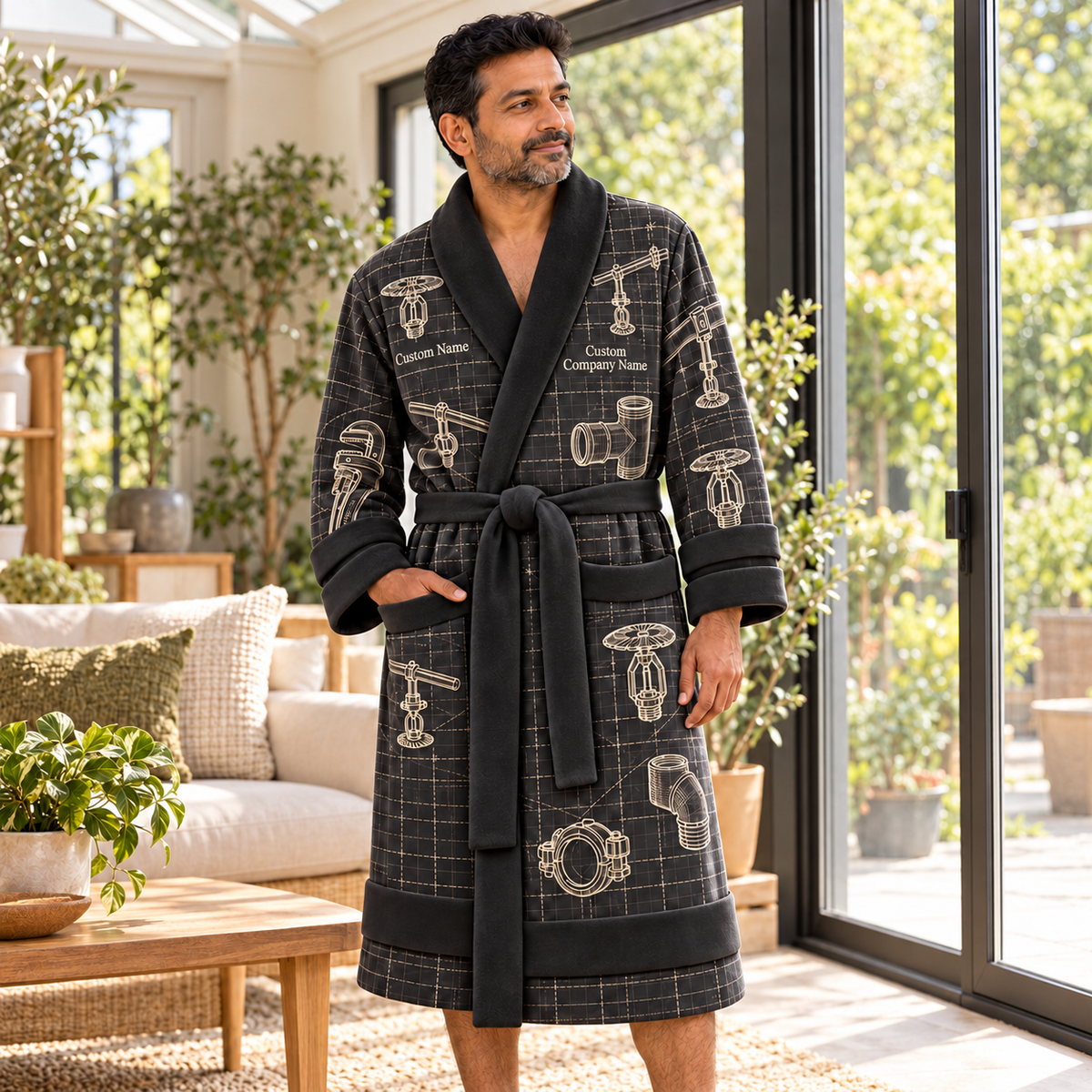 Personalized Sprinkler Fitter Bathrobe - Blueprint Workshop lifestyle view