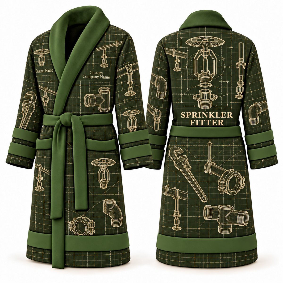 Personalized Sprinkler Fitter Bathrobe - Blueprint Workshop olive front and back view