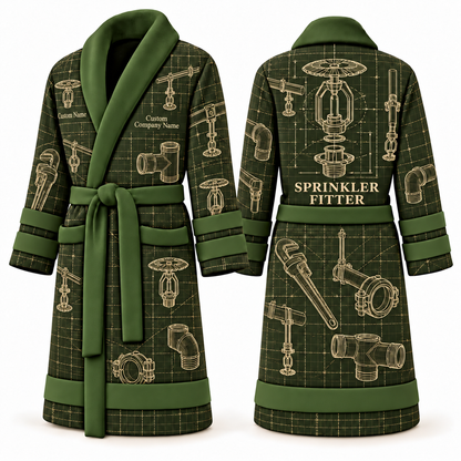 Personalized Sprinkler Fitter Bathrobe - Blueprint Workshop olive front and back view