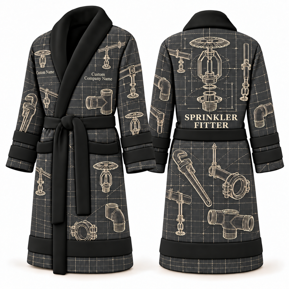 Personalized Sprinkler Fitter Bathrobe - Blueprint Workshop slate front and back view
