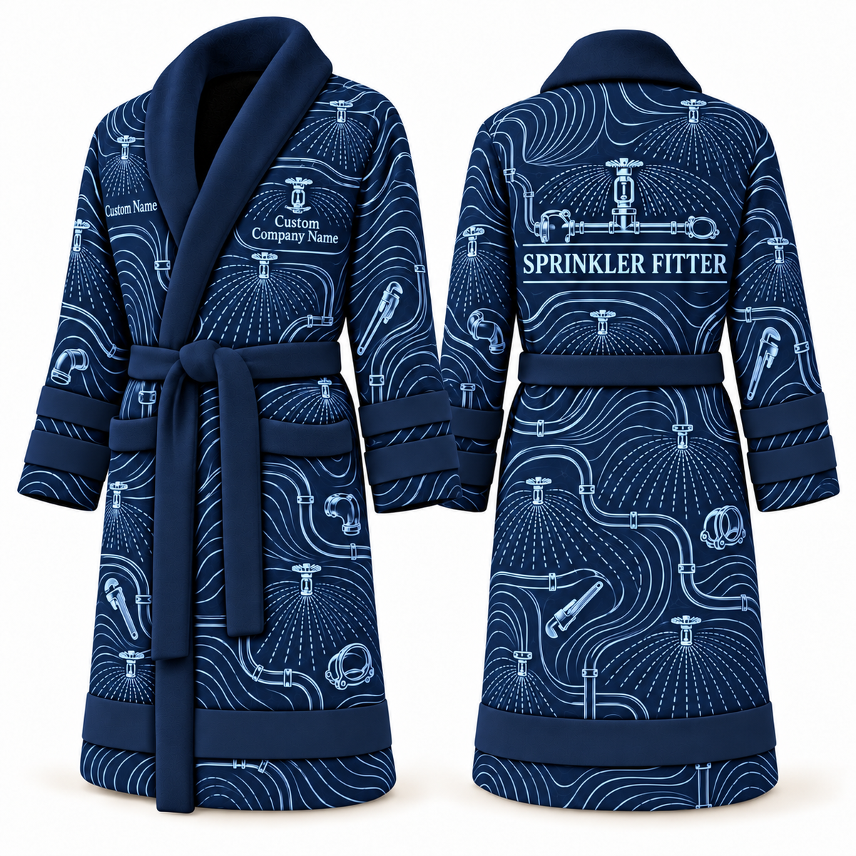 Personalized Sprinkler Fitter Bathrobe - Contour Lines blue front and back view