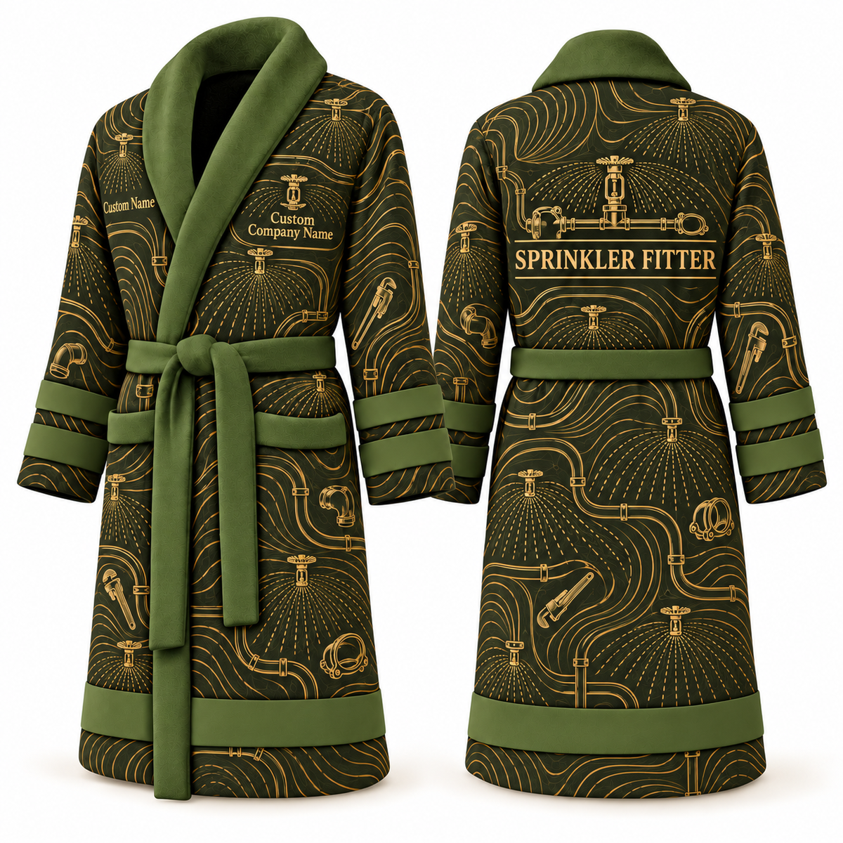 Personalized Sprinkler Fitter Bathrobe - Contour Lines olive front and back view