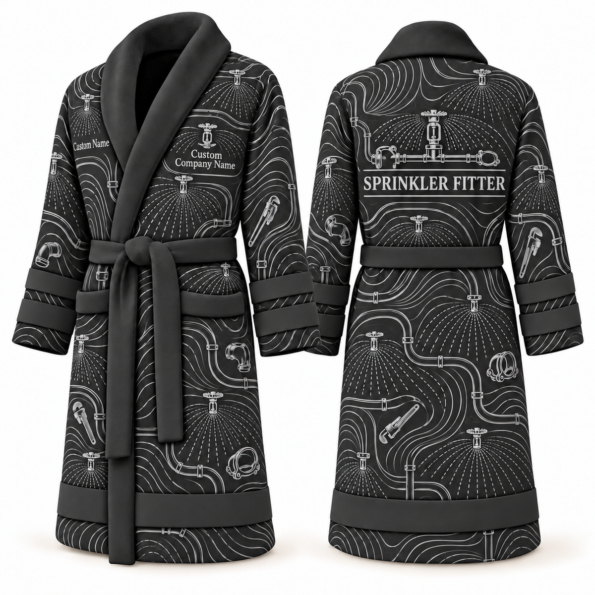 Personalized Sprinkler Fitter Bathrobe - Contour Lines slate front and back view