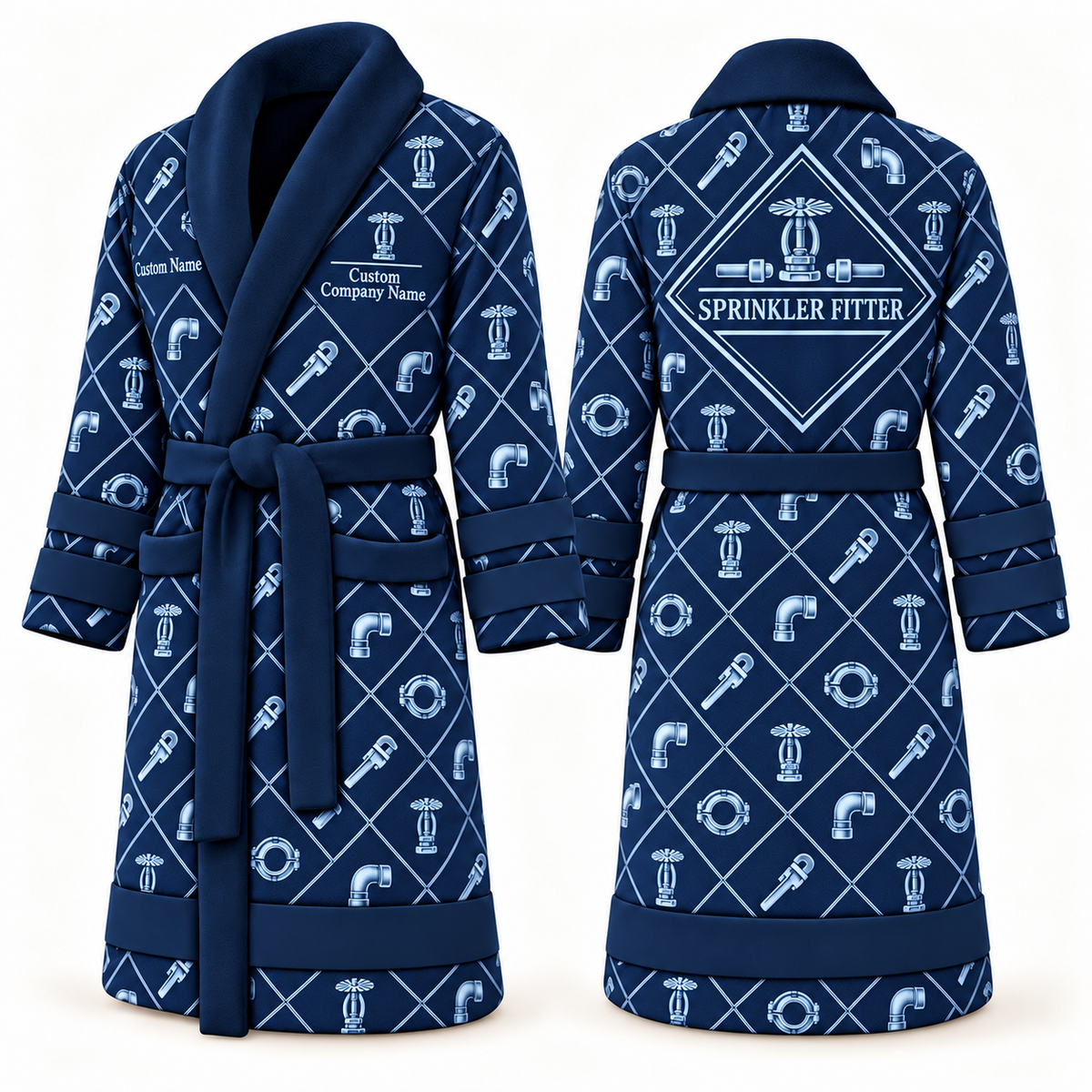 Personalized Sprinkler Fitter Bathrobe - Diamond Emblems blue front and back view