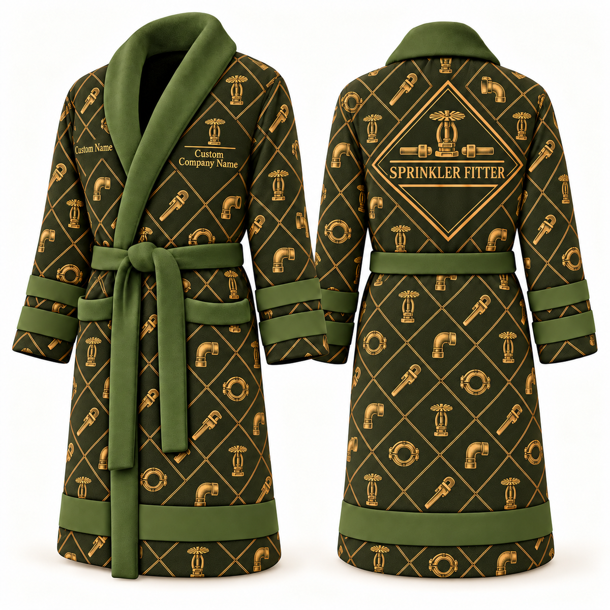Personalized Sprinkler Fitter Bathrobe - Diamond Emblems olive front and back view