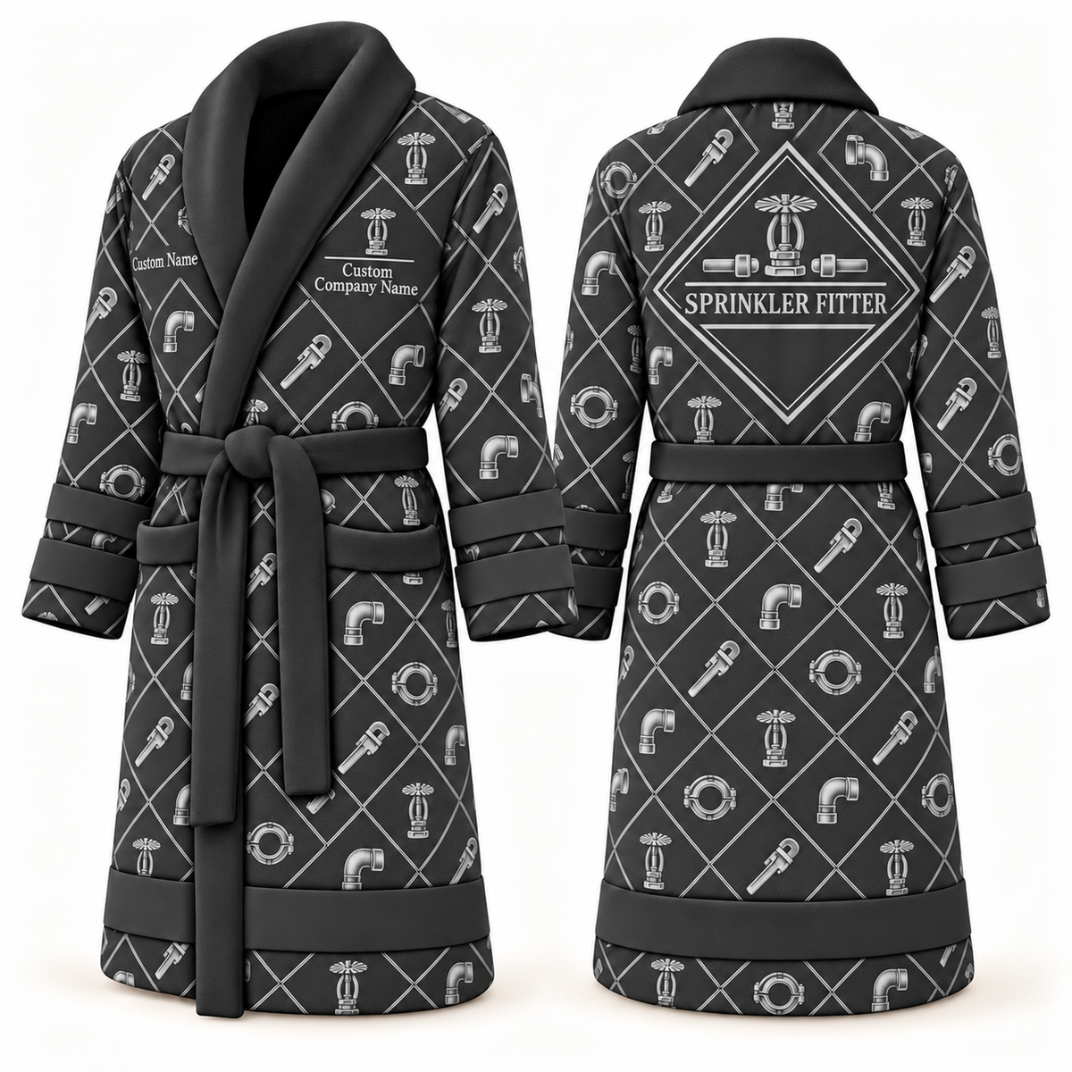 Personalized Sprinkler Fitter Bathrobe - Diamond Emblems slate front and back view