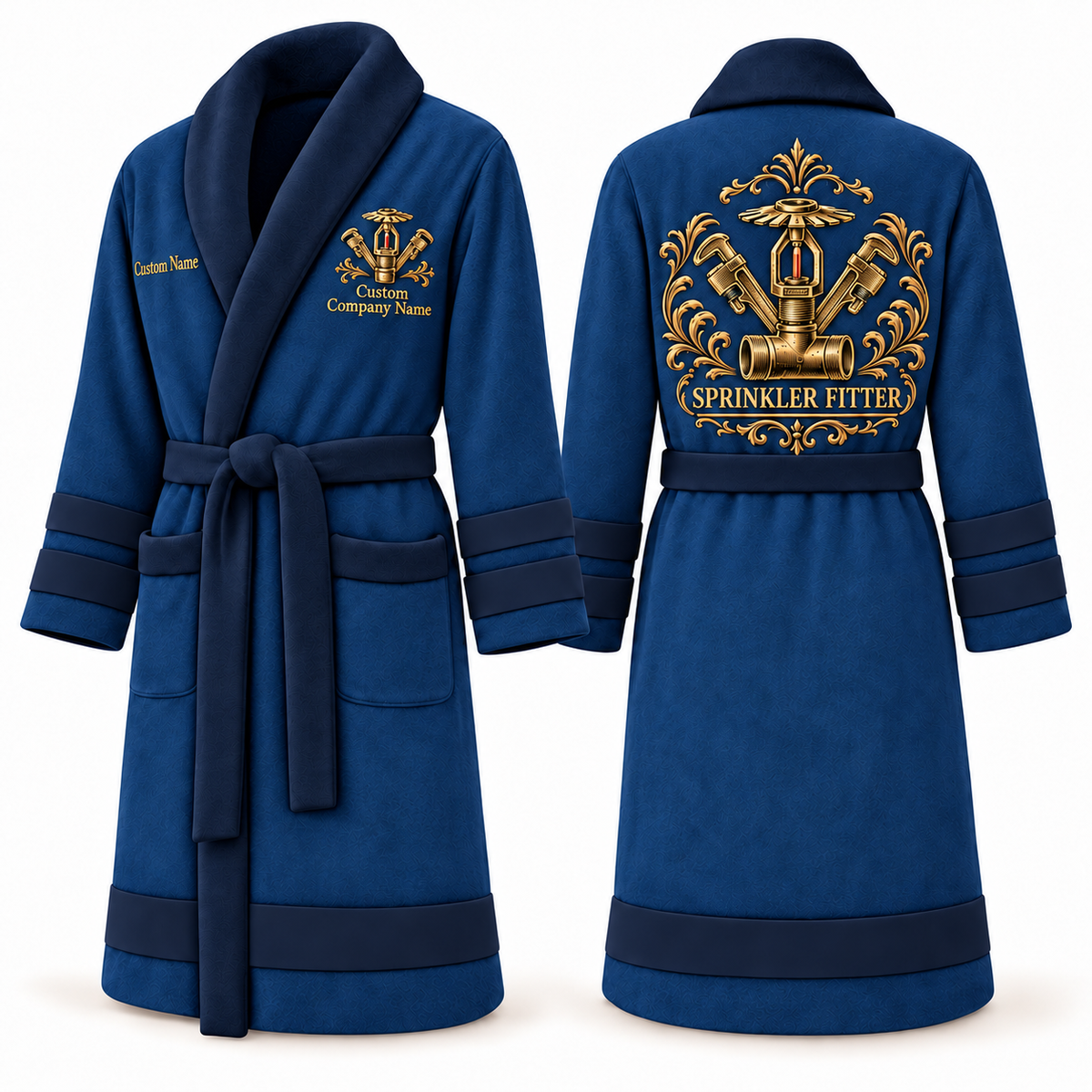 Personalized Sprinkler Fitter Bathrobe - Heritage Crest blue front and back view