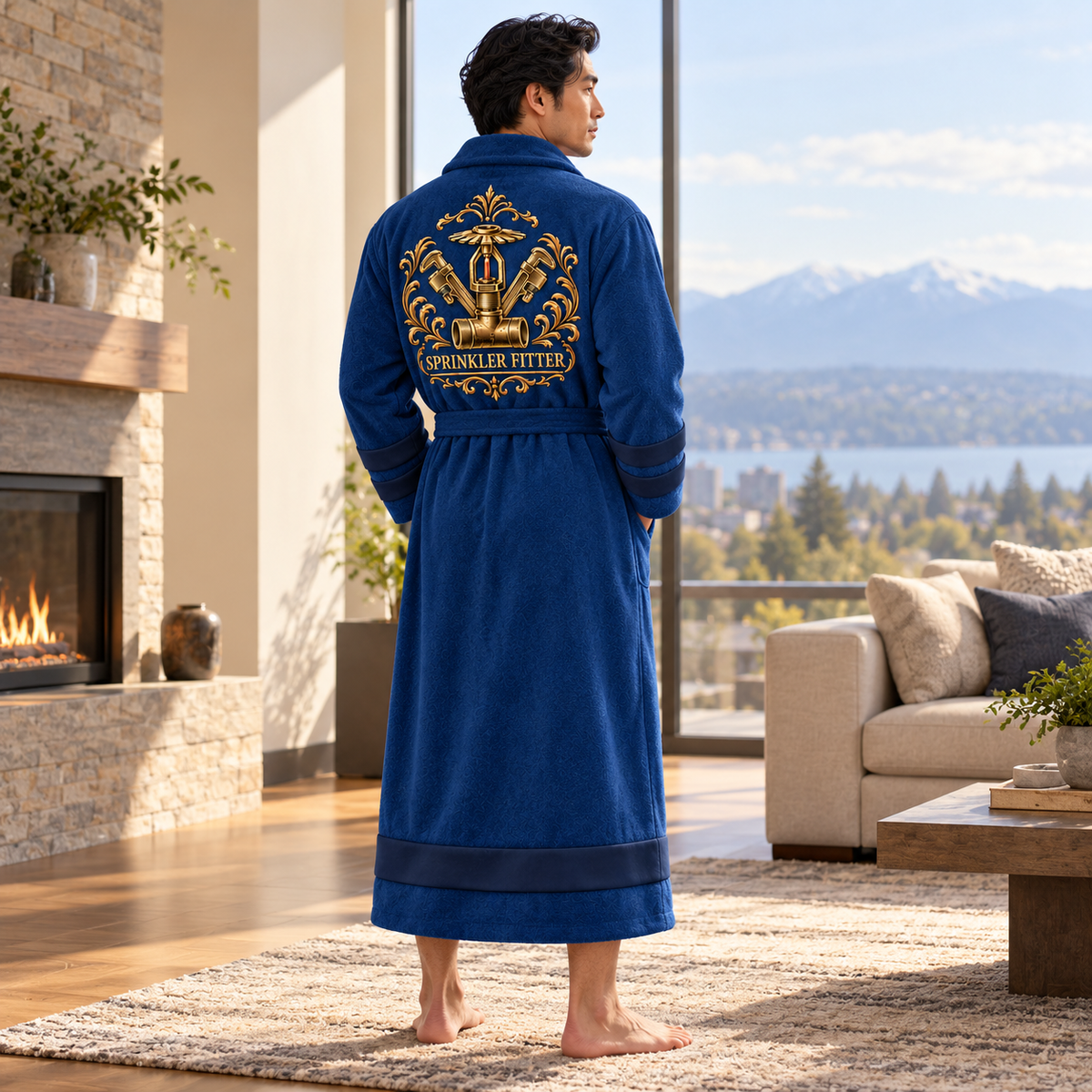Personalized Sprinkler Fitter Bathrobe - Heritage Crest lifestyle view