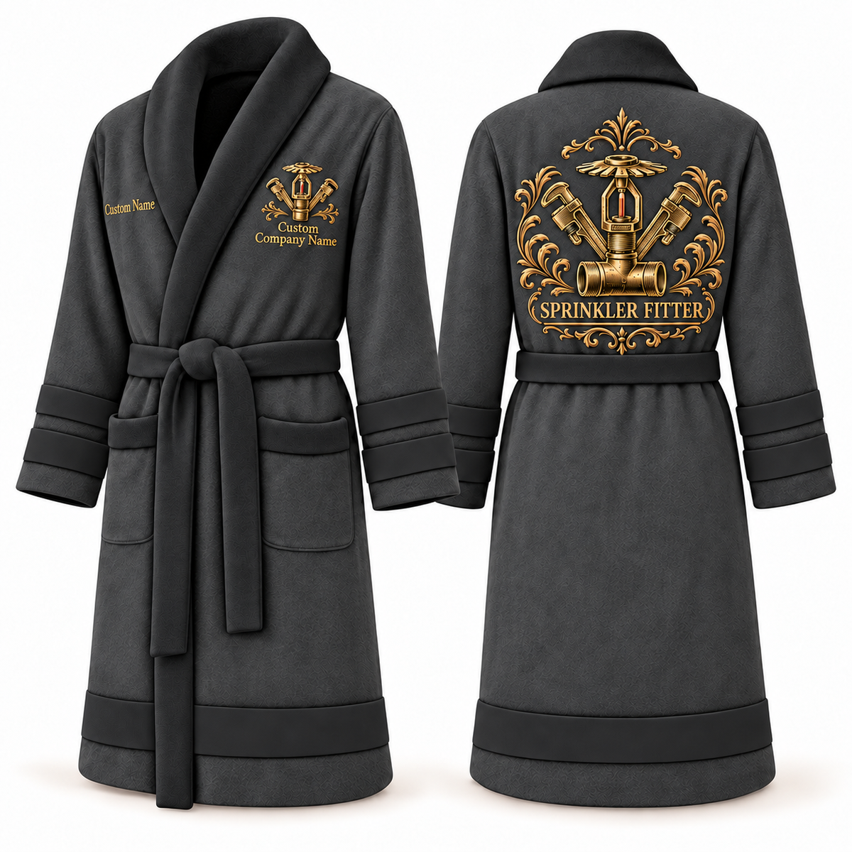 Personalized Sprinkler Fitter Bathrobe - Heritage Crest slate front and back view