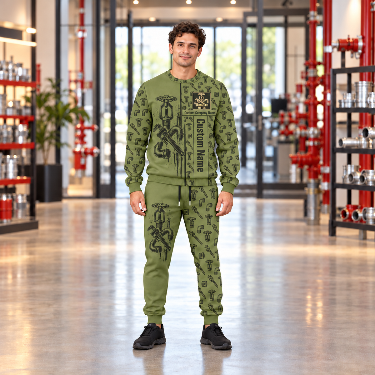 sprinkler fitter occupation-themed sweater and jogger combo on a model with name and company artwork