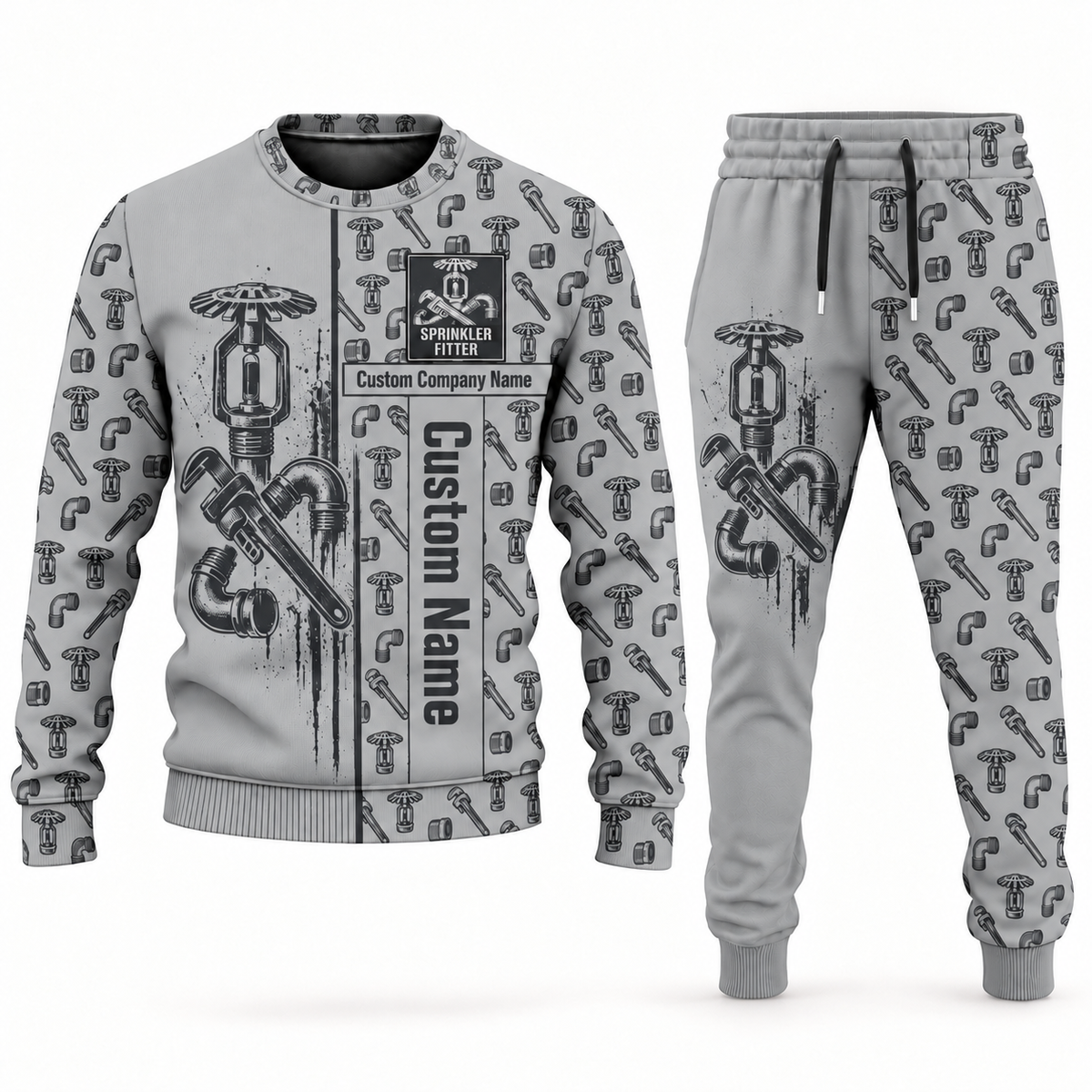 sprinkler fitter occupation-themed sweater and jogger combo lightgray color with name and company artwork