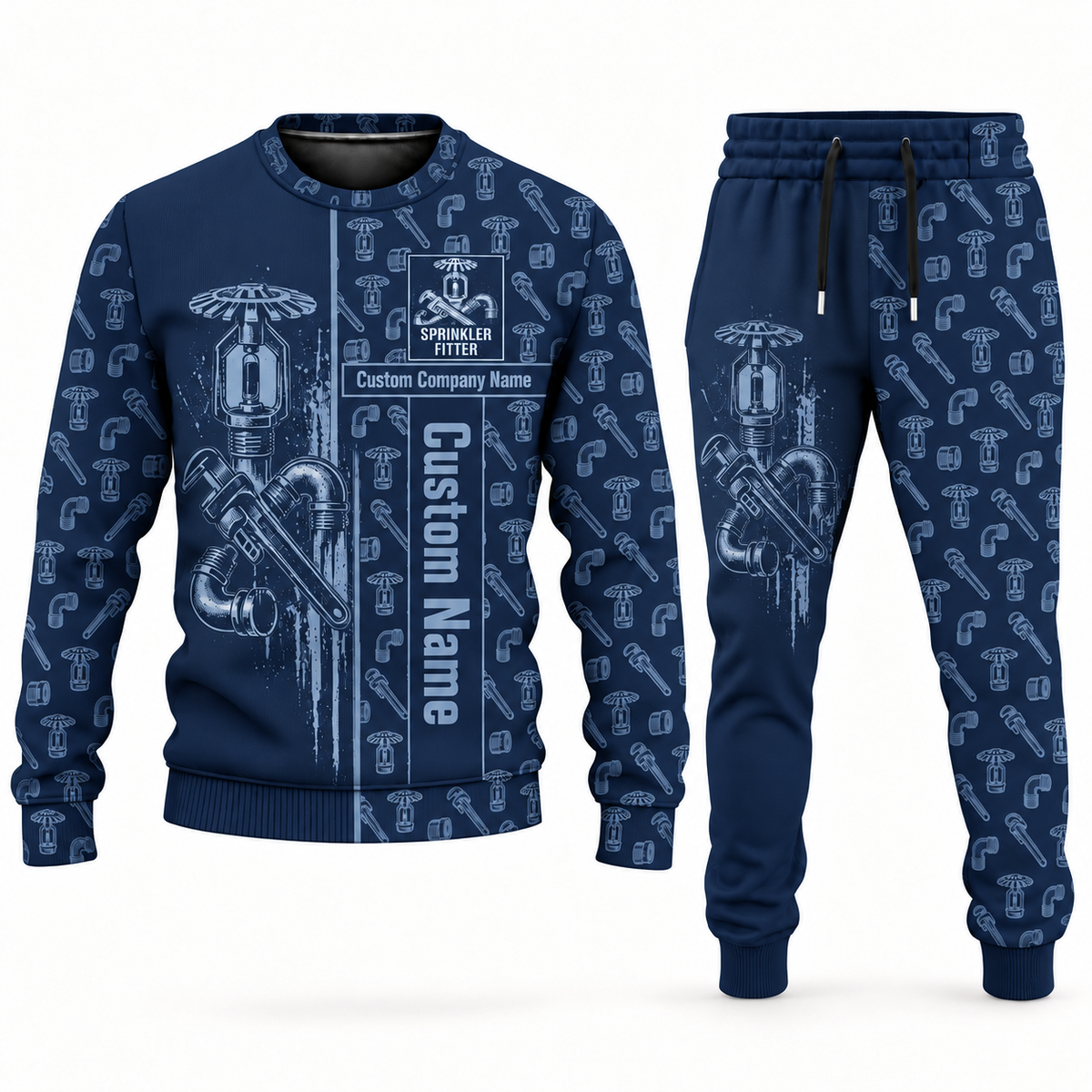 sprinkler fitter occupation-themed sweater and jogger combo navy color with name and company artwork