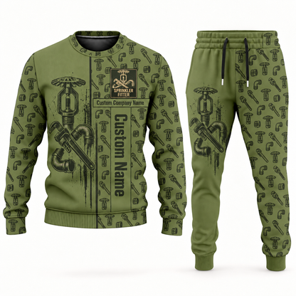 sprinkler fitter occupation-themed sweater and jogger combo olive color with name and company artwork