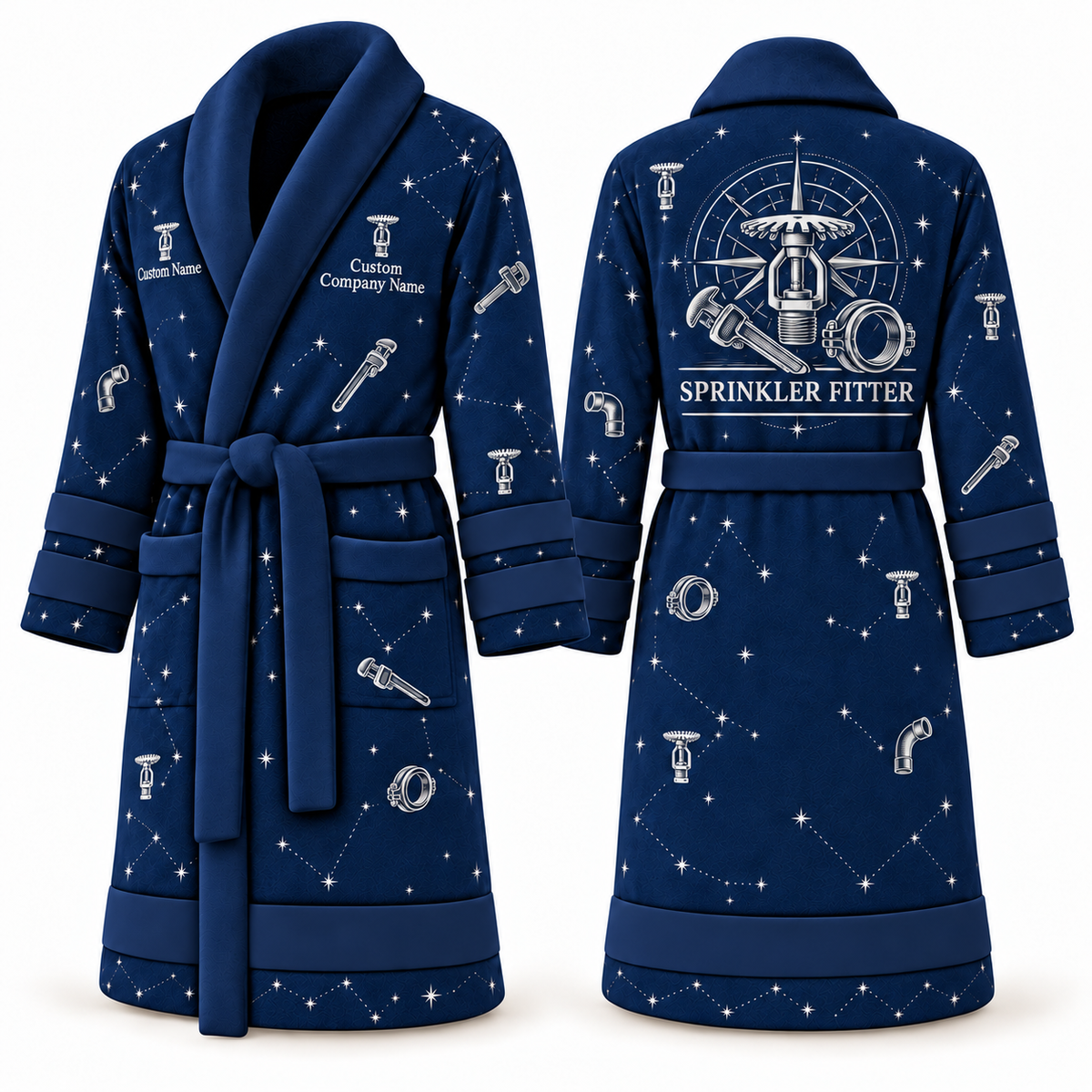 Personalized Sprinkler Fitter Bathrobe - Night Shift blue front and back view