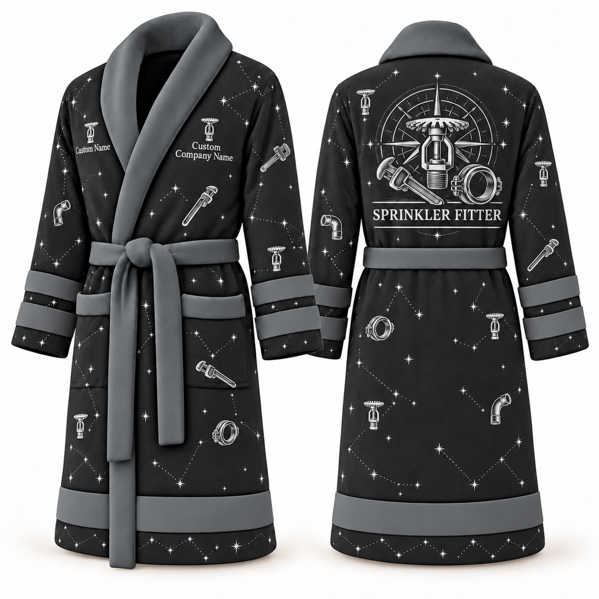 Personalized Sprinkler Fitter Bathrobe - Night Shift slate front and back view