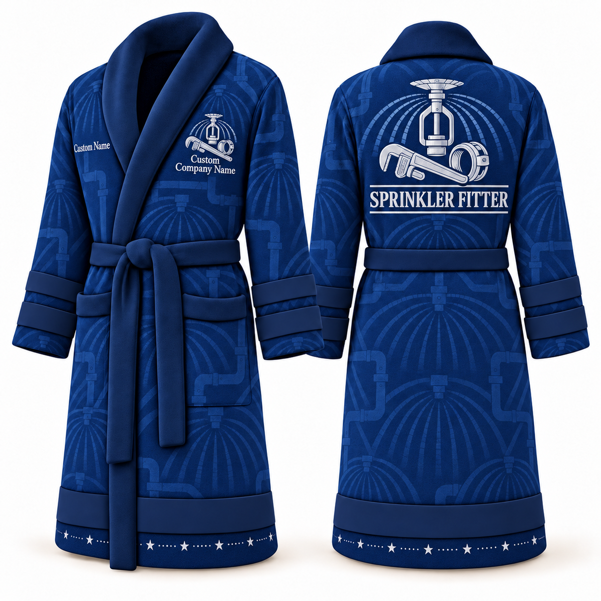 Personalized Sprinkler Fitter Bathrobe - Signature Silhouette blue front and back view