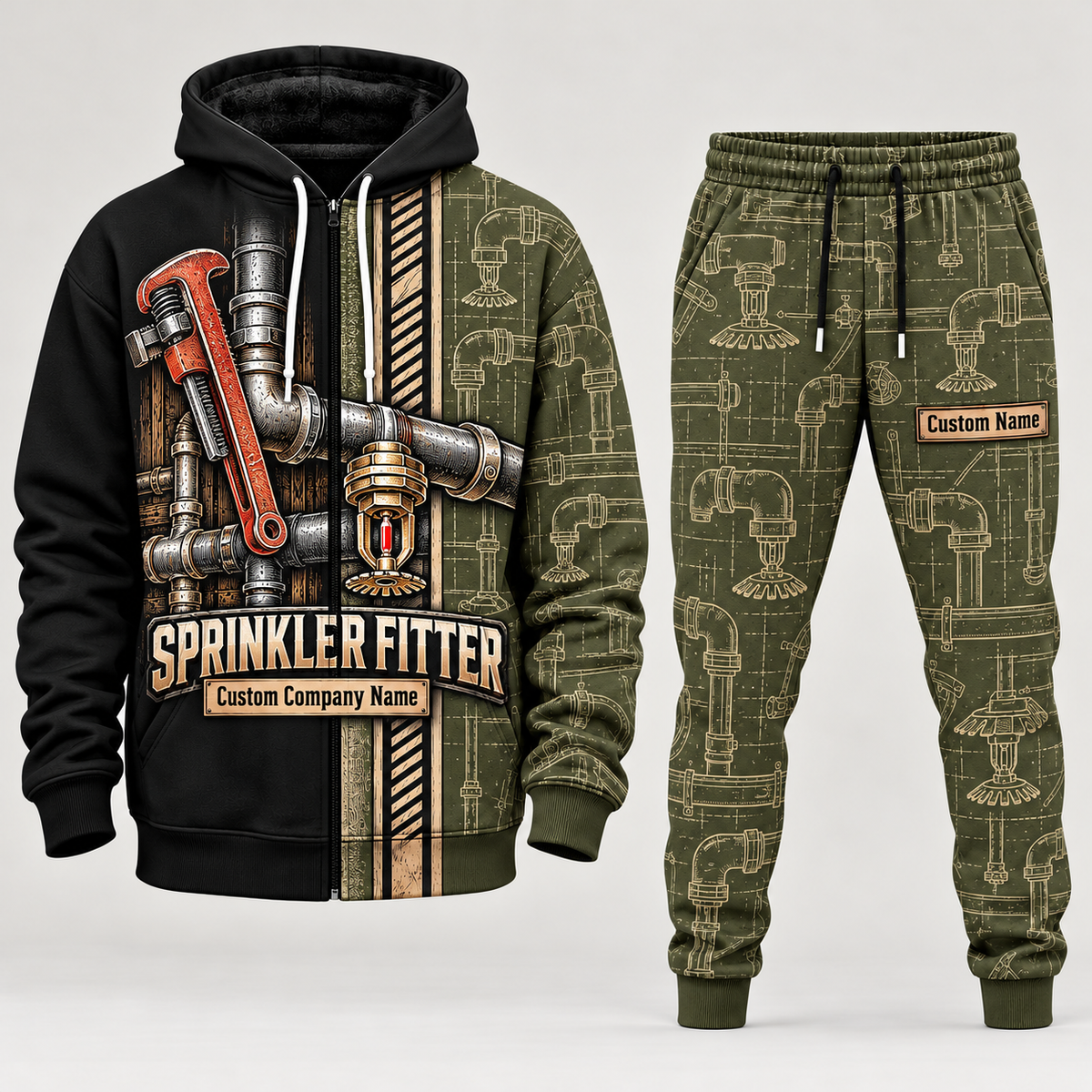 sprinkler fitter full-zip hoodie and matching joggers - olive catalog view