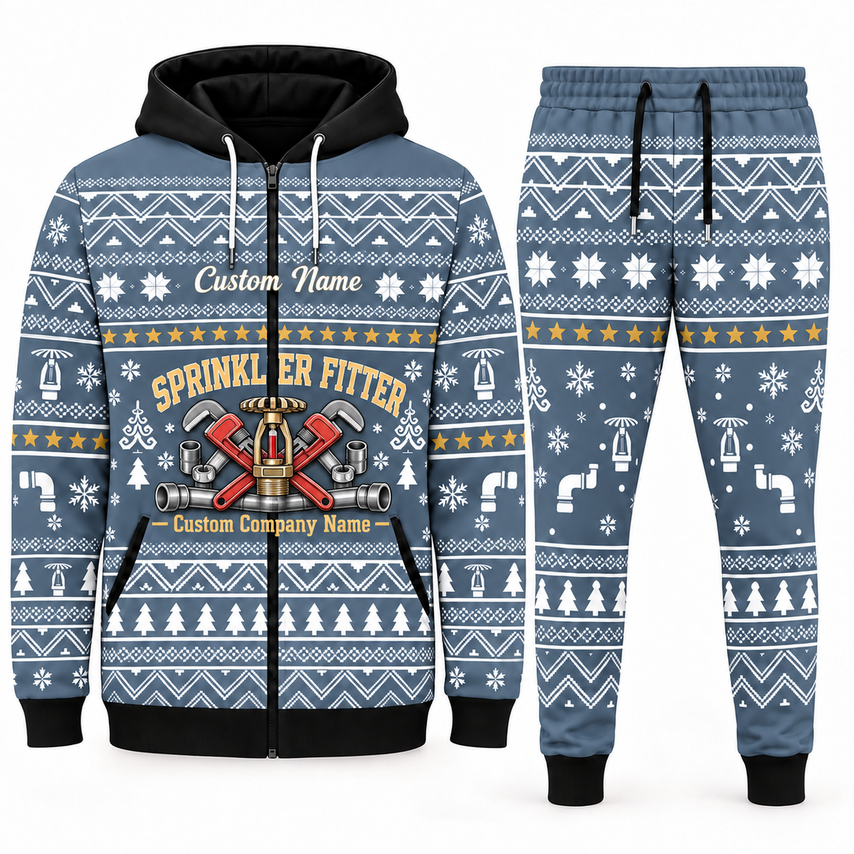 sprinkler-fitter blue-gray Winter Snowflake full-zip hoodie and jogger combo with Custom Name and Custom Company Name