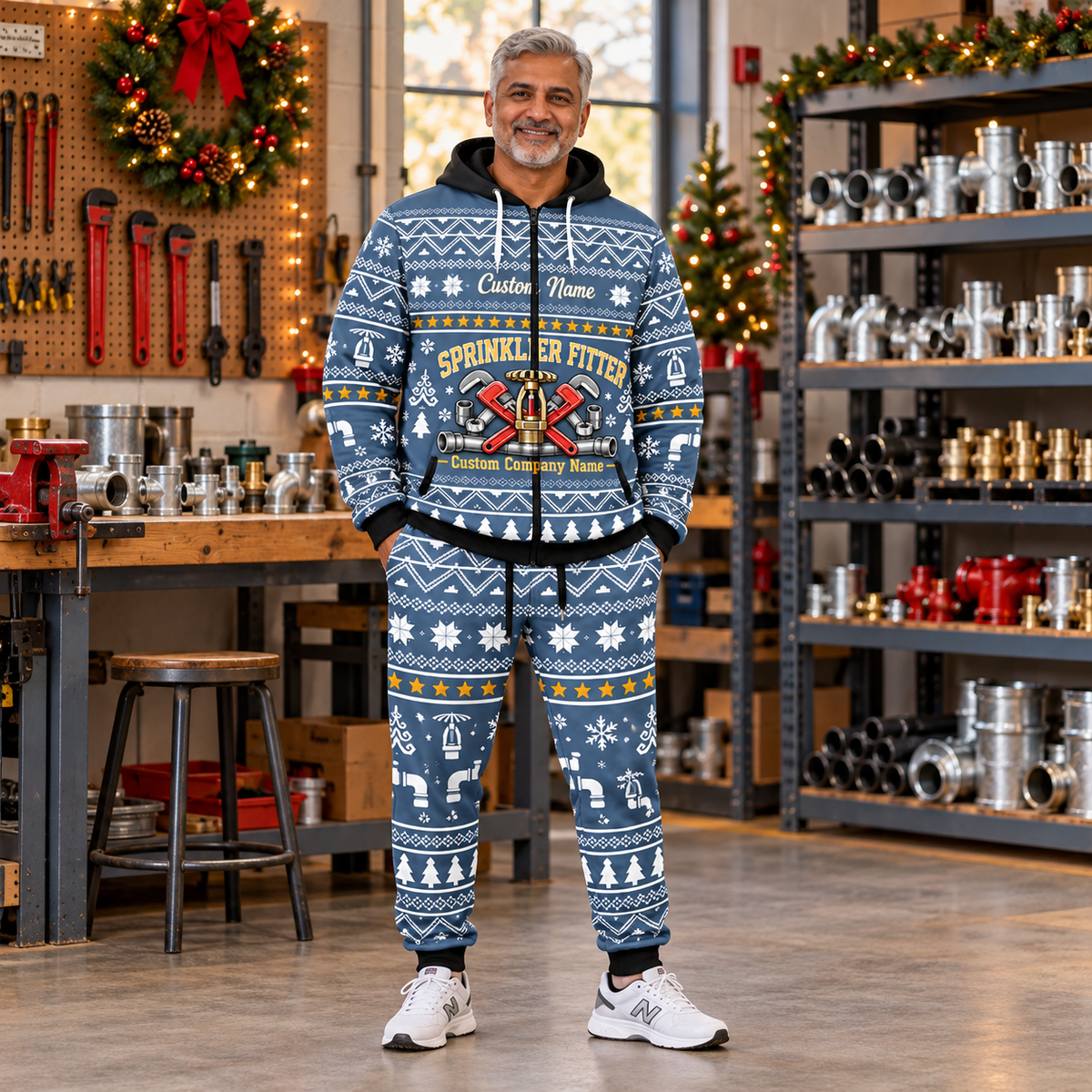 sprinkler-fitter hero Winter Snowflake full-zip hoodie and jogger combo with Custom Name and Custom Company Name