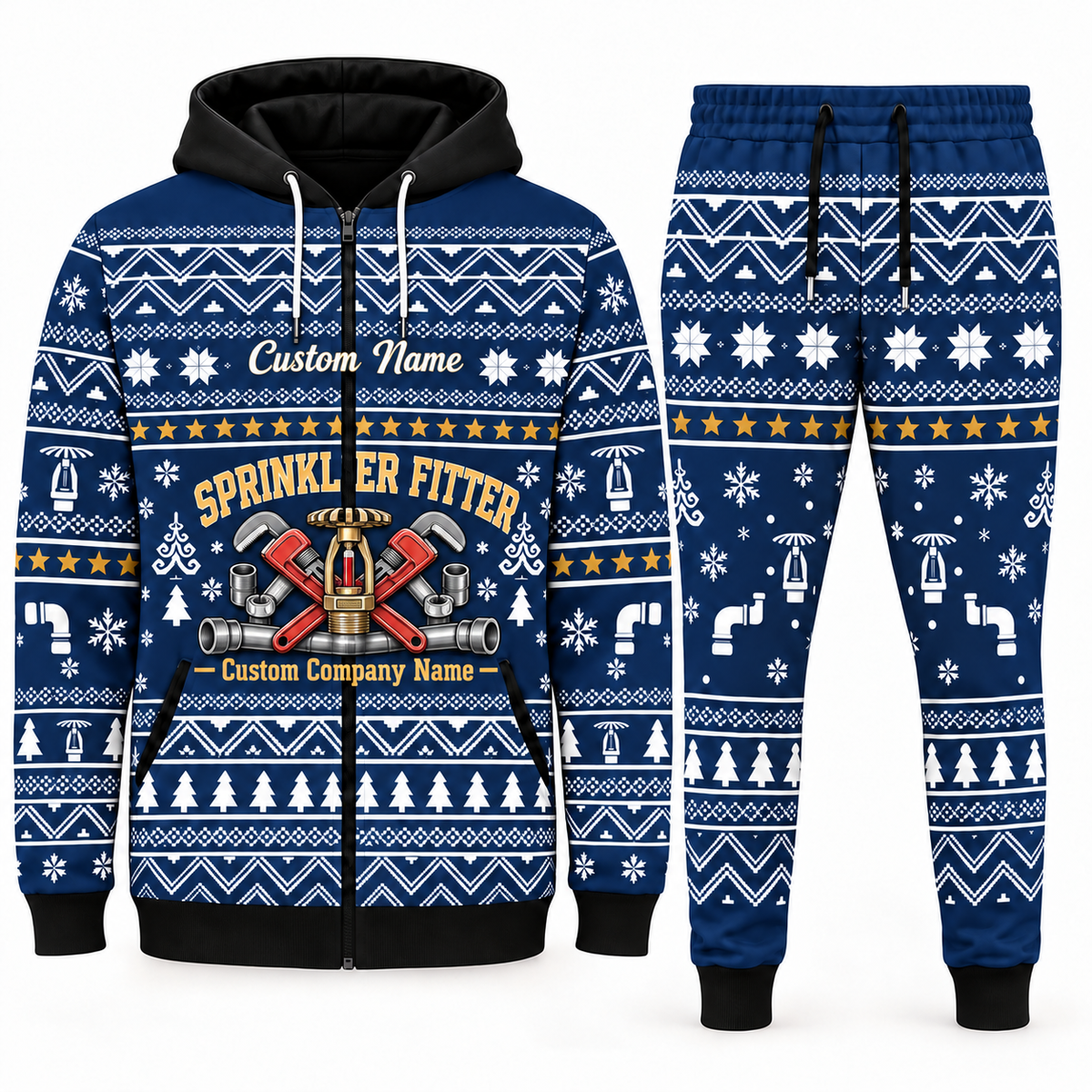 sprinkler-fitter navy Winter Snowflake full-zip hoodie and jogger combo with Custom Name and Custom Company Name