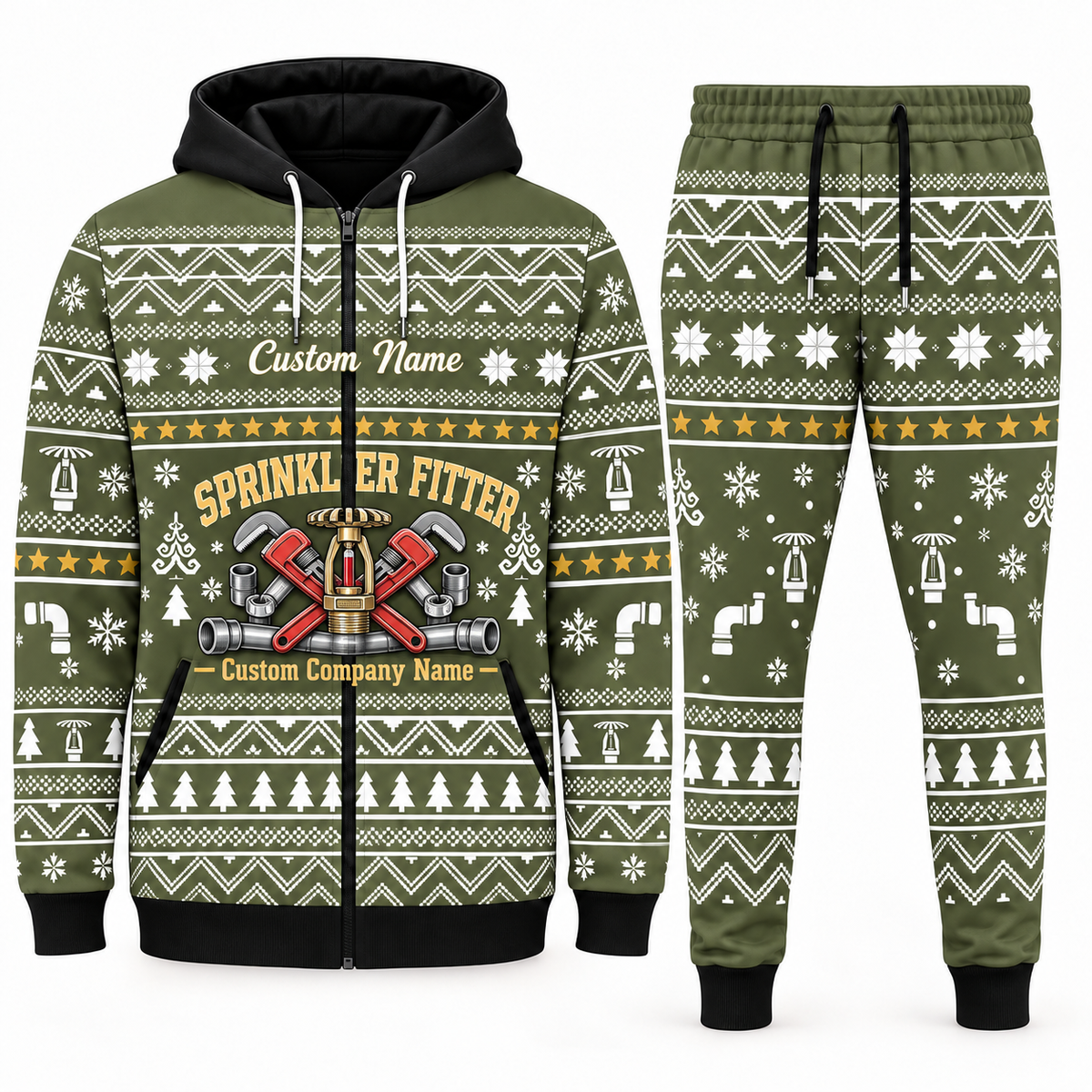 sprinkler-fitter olive Winter Snowflake full-zip hoodie and jogger combo with Custom Name and Custom Company Name