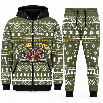 sprinkler-fitter olive Winter Snowflake full-zip hoodie and jogger combo with Custom Name and Custom Company Name