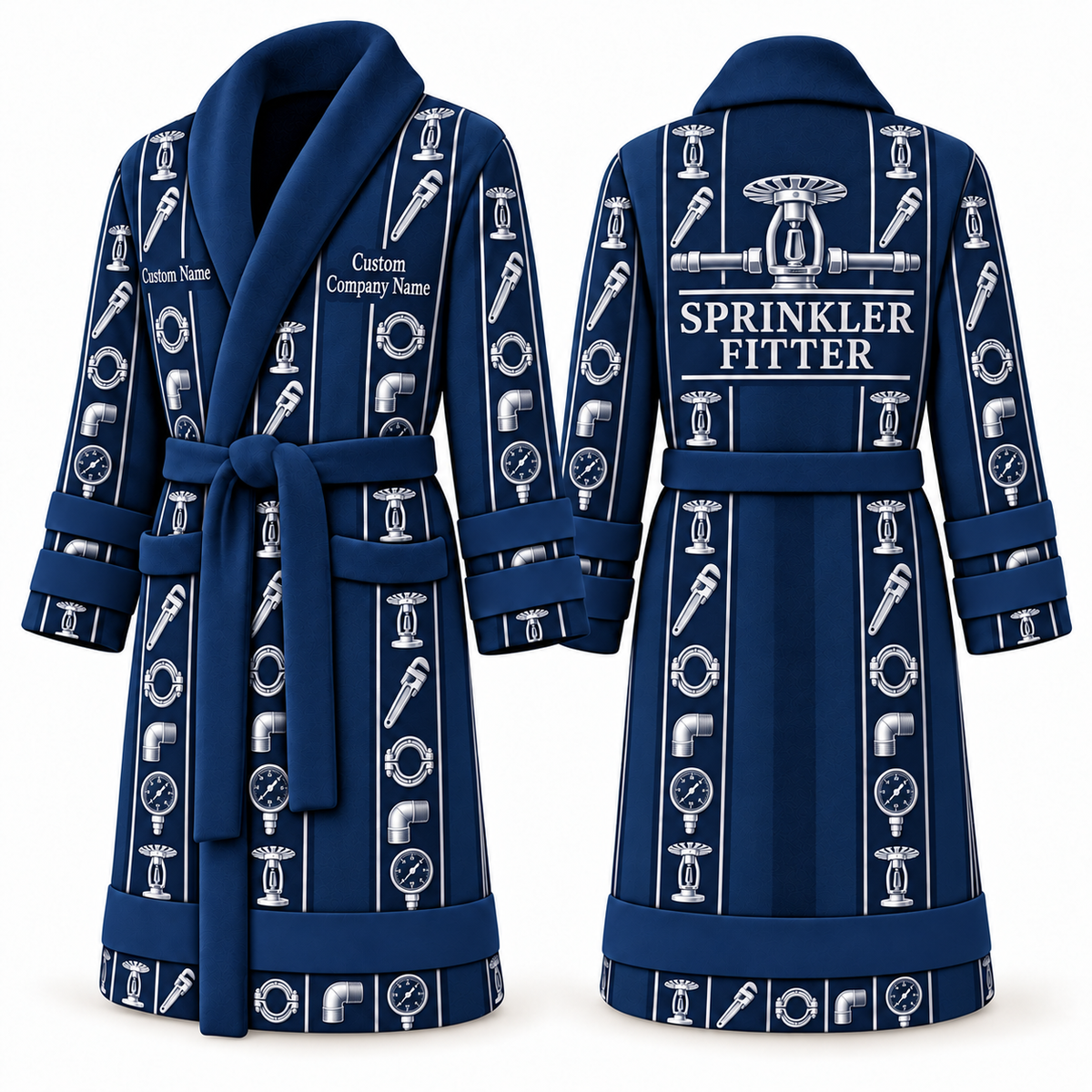 Personalized Sprinkler Fitter Bathrobe - Workbench Stripes blue front and back view