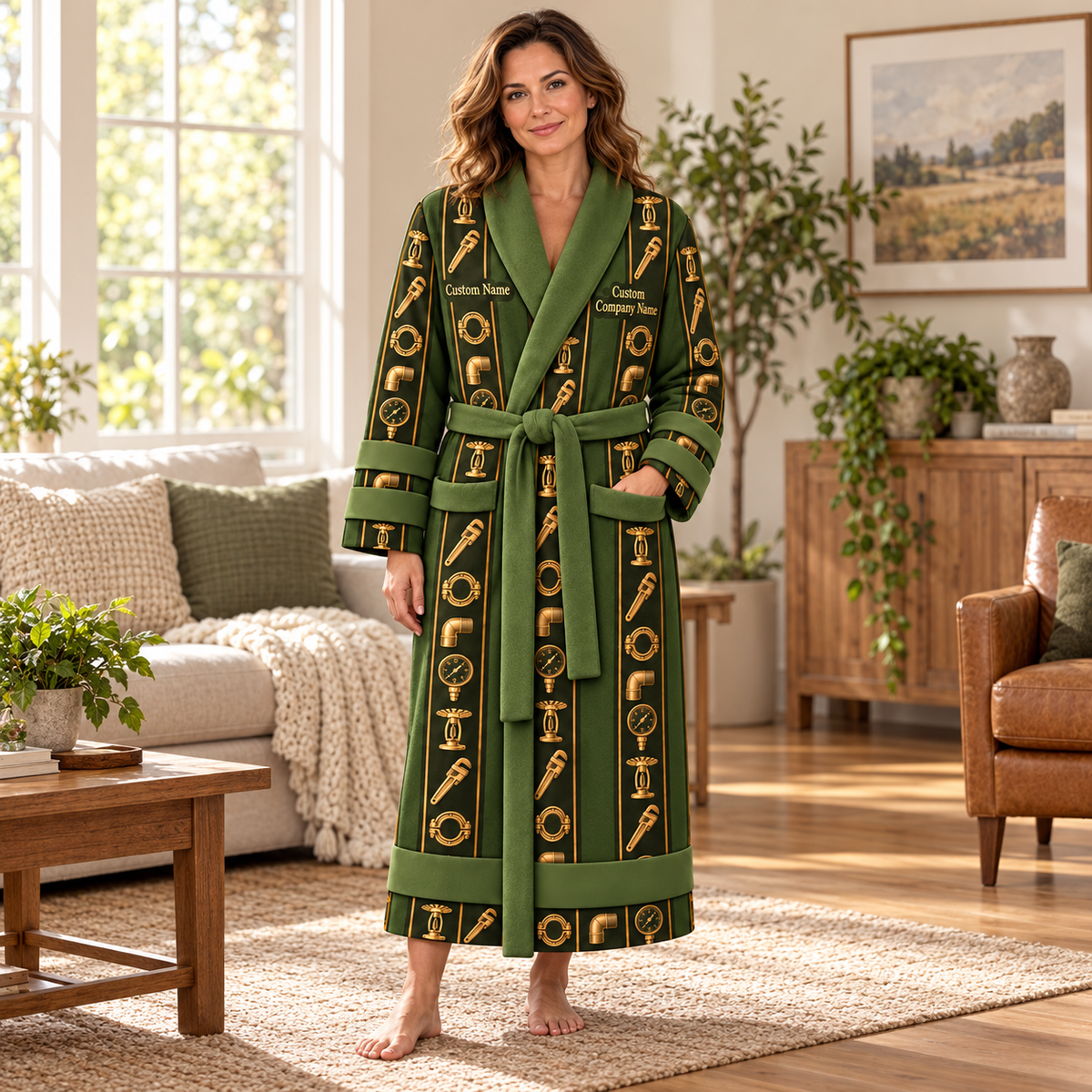 Personalized Sprinkler Fitter Bathrobe - Workbench Stripes lifestyle view