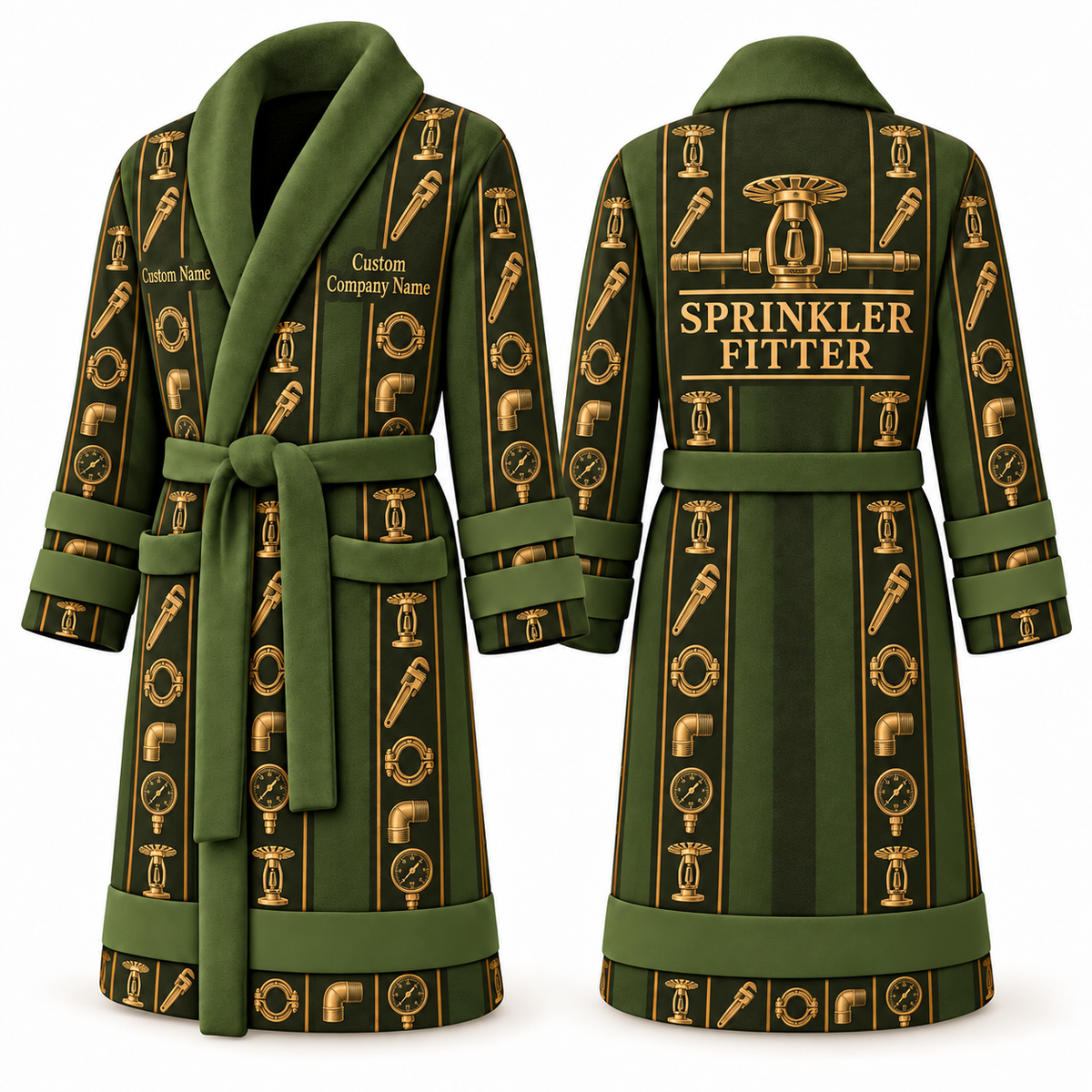 Personalized Sprinkler Fitter Bathrobe - Workbench Stripes olive front and back view