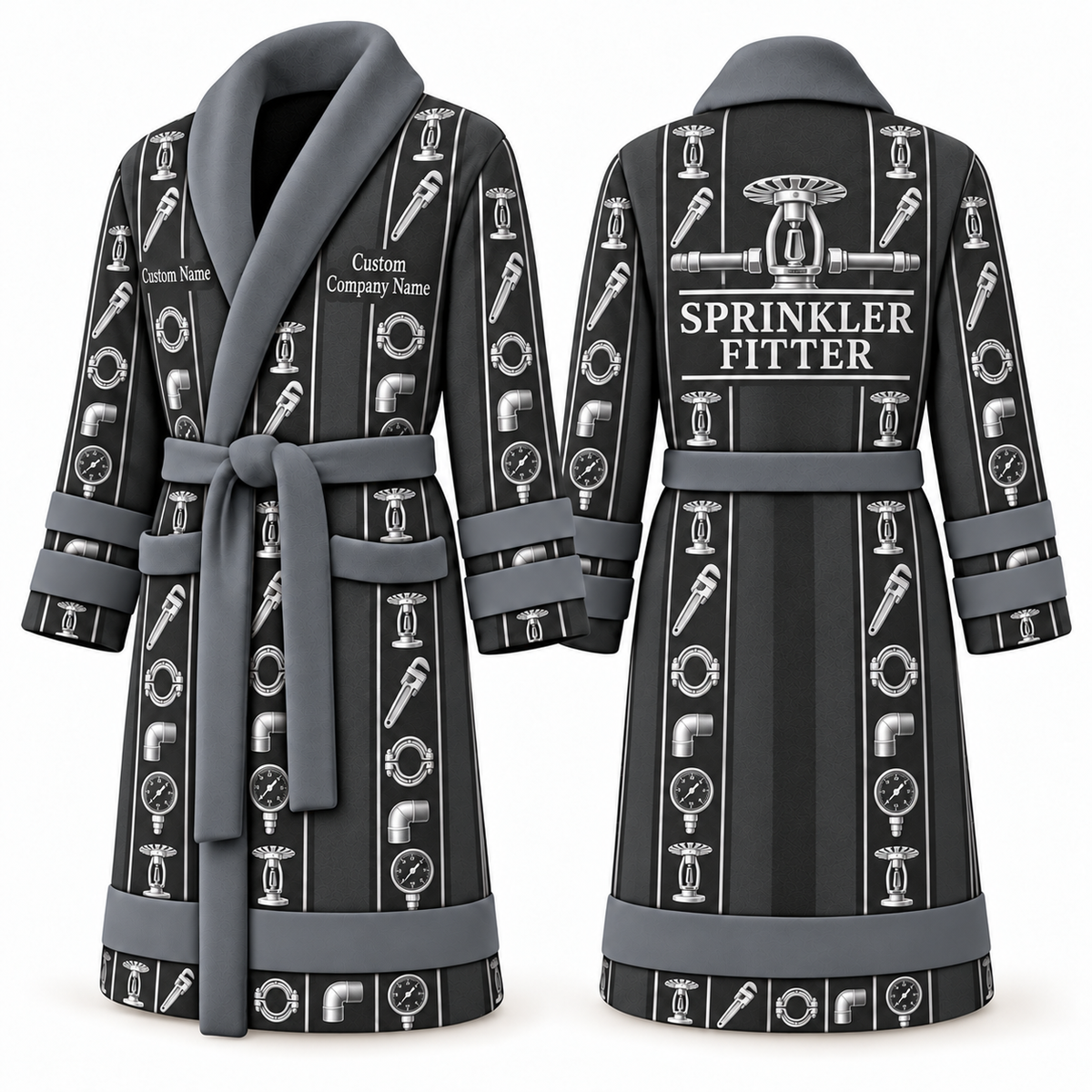 Personalized Sprinkler Fitter Bathrobe - Workbench Stripes slate front and back view