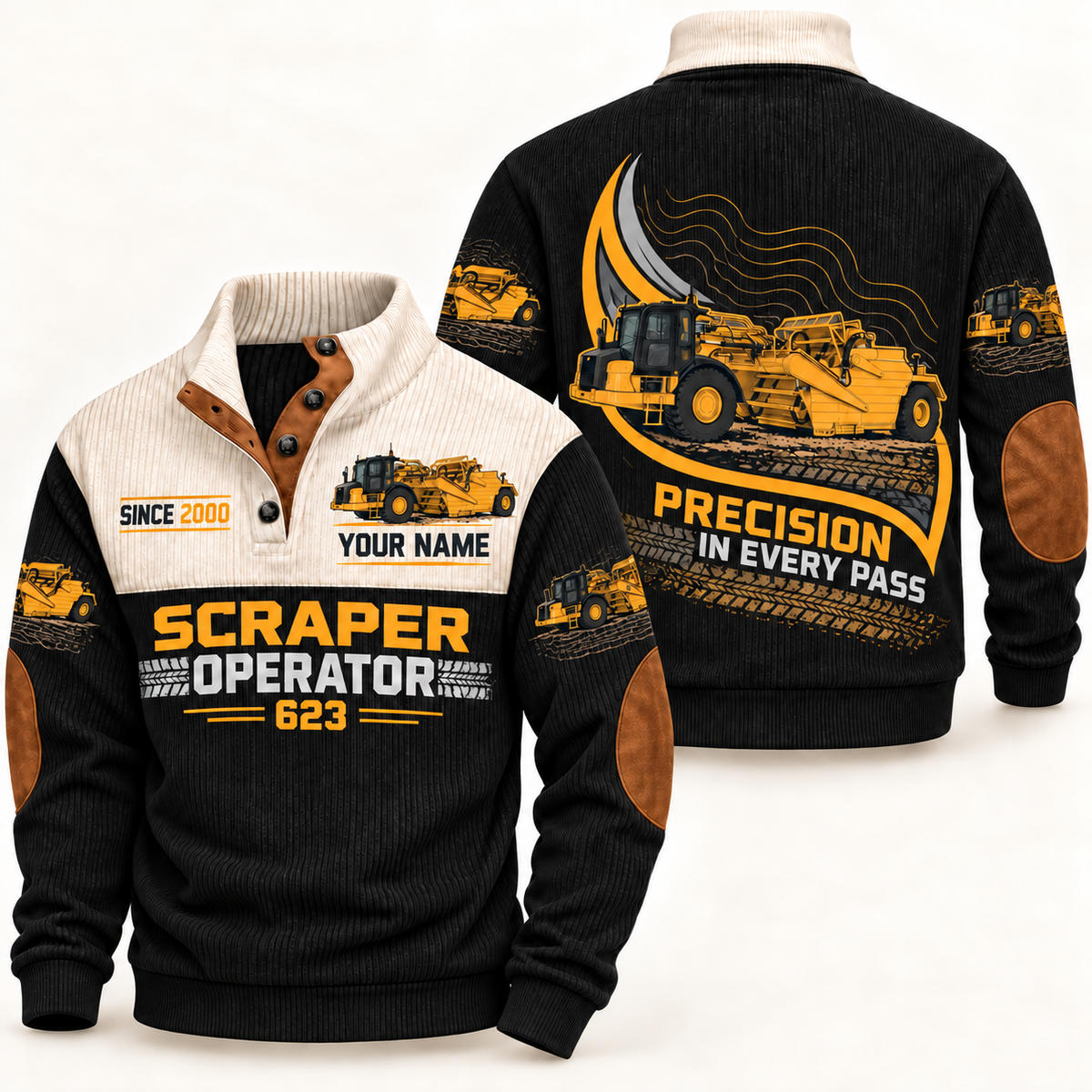 623 Scraper Operator Sports Sweatshirt in Black, front and back views, sample YOUR NAME and SINCE 2000 personalization