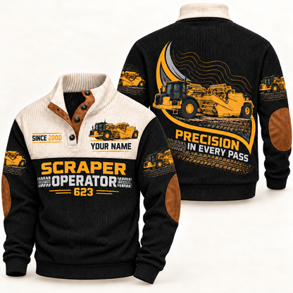 623 Scraper Operator Sports Sweatshirt in Black, front and back views, sample YOUR NAME and SINCE 2000 personalization