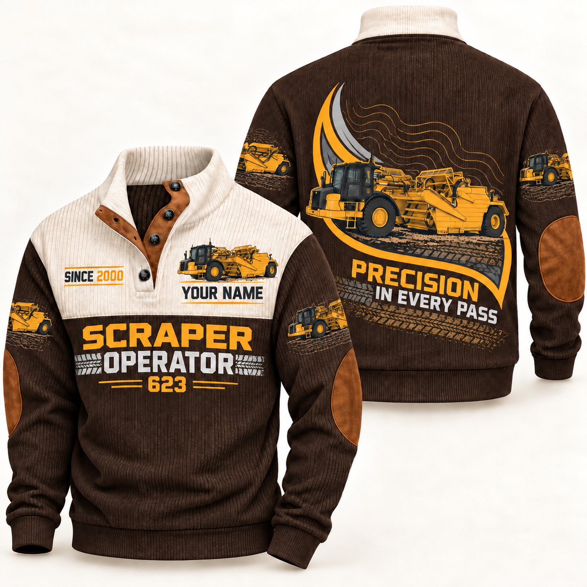 623 Scraper Operator Sports Sweatshirt in Brown, front and back views, sample YOUR NAME and SINCE 2000 personalization