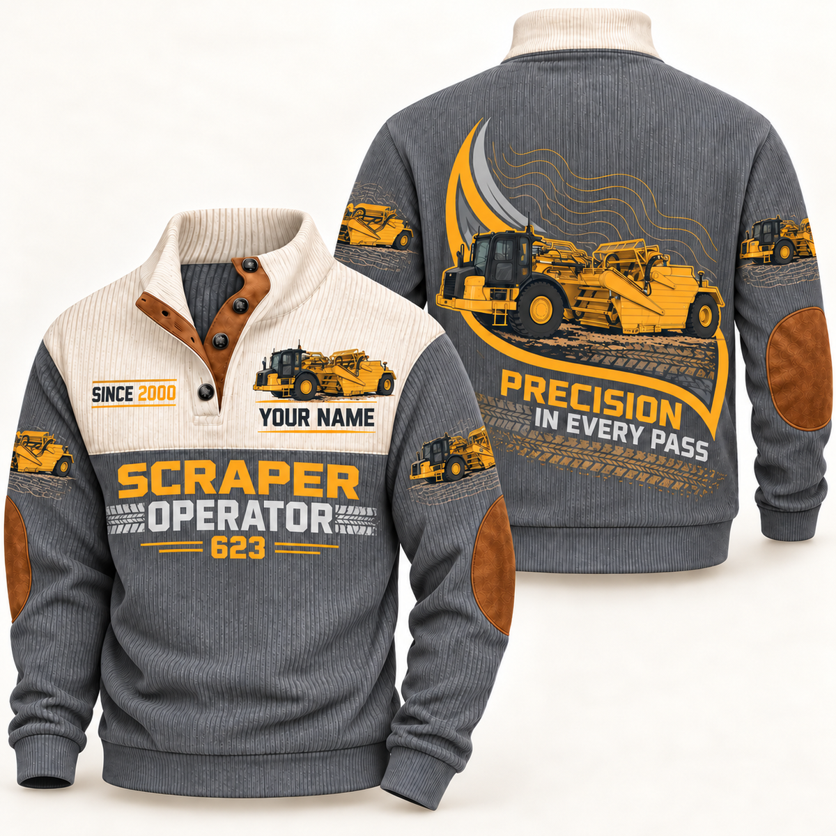 623 Scraper Operator Sports Sweatshirt in Grey, front and back views, sample YOUR NAME and SINCE 2000 personalization