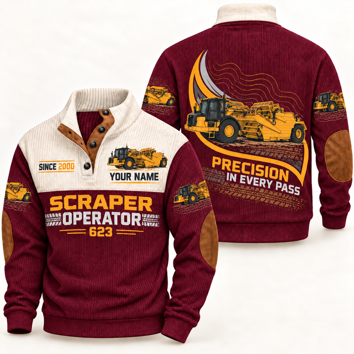 623 Scraper Operator Sports Sweatshirt in Jujube Red, front and back views, sample YOUR NAME and SINCE 2000 personalization
