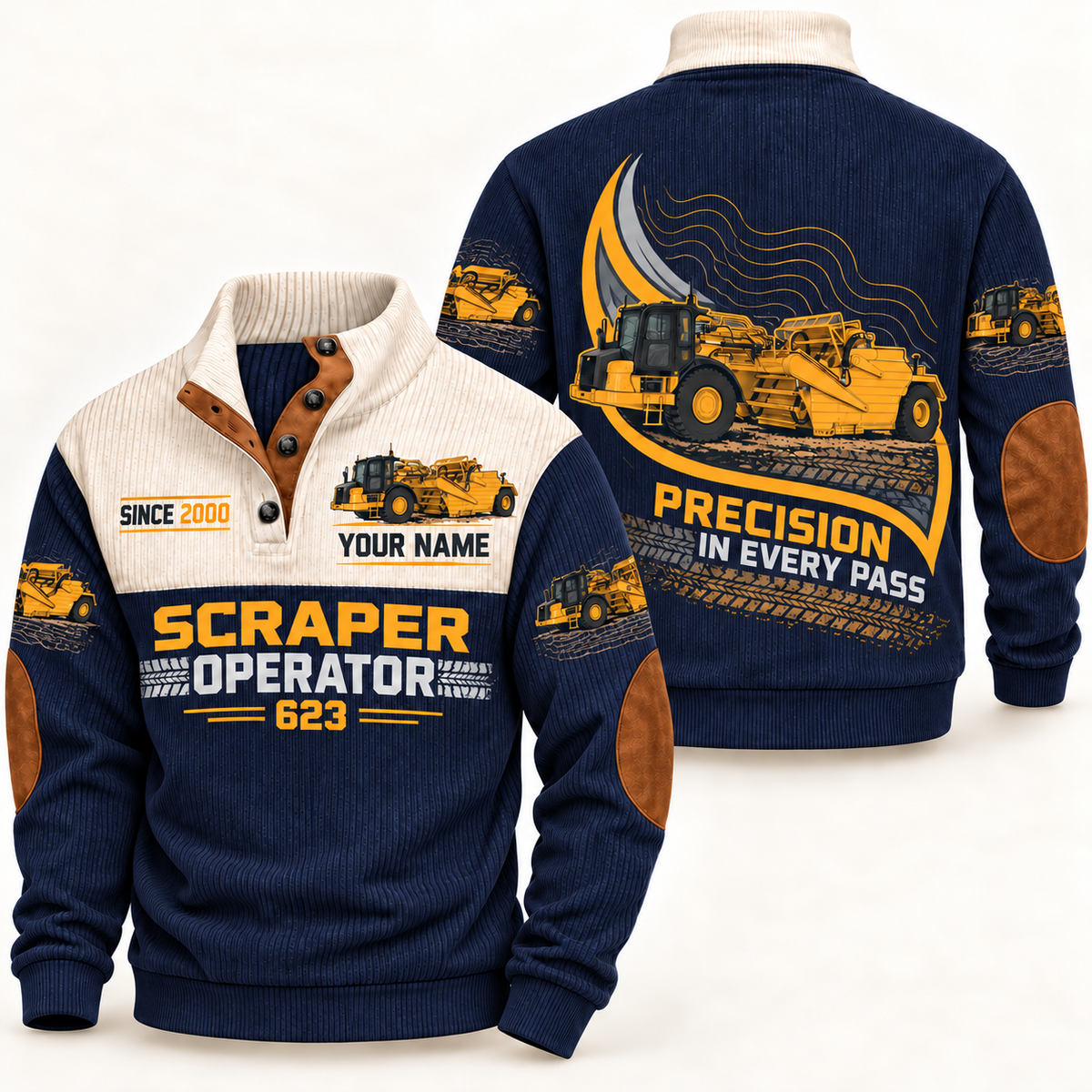 623 Scraper Operator Sports Sweatshirt in Navy, front and back views, sample YOUR NAME and SINCE 2000 personalization