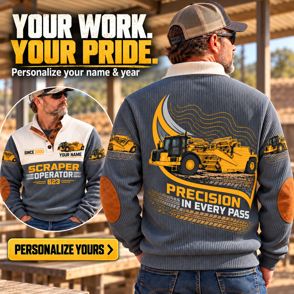 Personalized 623 Elevating Scraper Operator Sports Sweatshirt in Grey, dedicated lifestyle featured image showing front and back artwork, personalized YOUR NAME and SINCE 2000