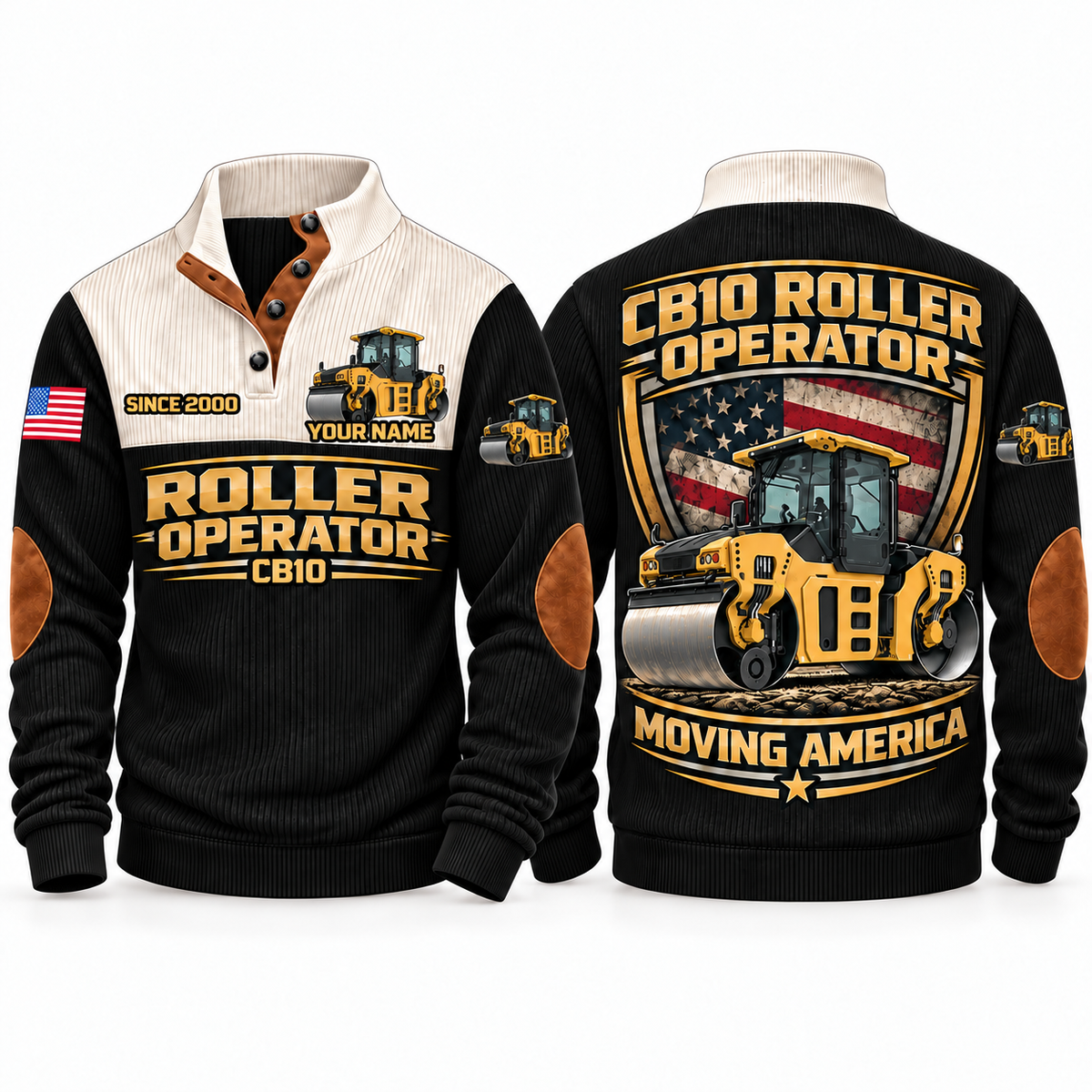 CB10 Roller/Compactor Operator Sports Sweatshirt in Black, front and back views, sample YOUR NAME and SINCE 2000 personalization