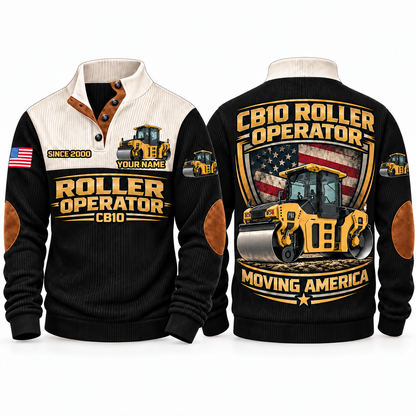 CB10 Roller/Compactor Operator Sports Sweatshirt in Black, front and back views, sample YOUR NAME and SINCE 2000 personalization