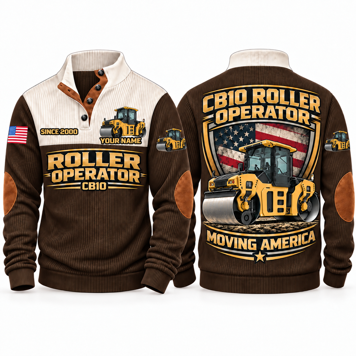 CB10 Roller/Compactor Operator Sports Sweatshirt in Brown, front and back views, sample YOUR NAME and SINCE 2000 personalization