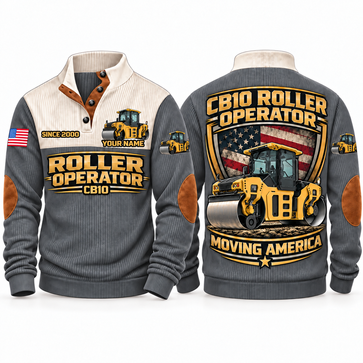 CB10 Roller/Compactor Operator Sports Sweatshirt in Grey, front and back views, sample YOUR NAME and SINCE 2000 personalization