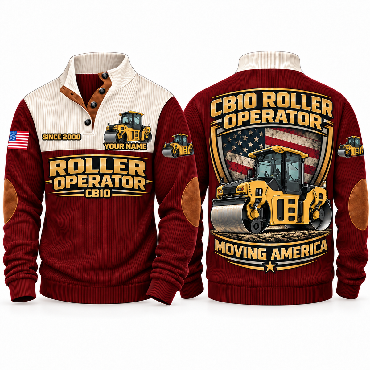 CB10 Roller/Compactor Operator Sports Sweatshirt in Jujube Red, front and back views, sample YOUR NAME and SINCE 2000 personalization