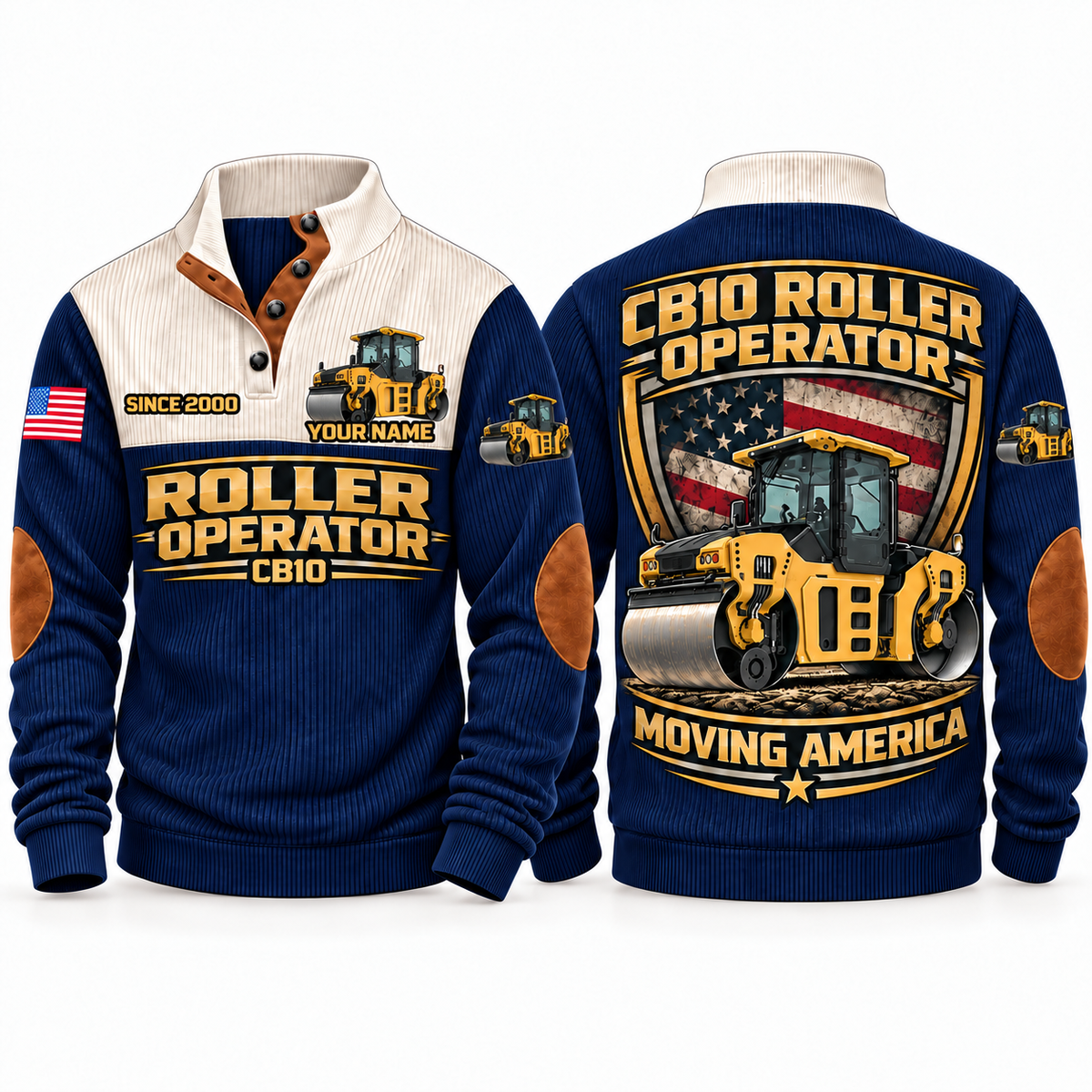 CB10 Roller/Compactor Operator Sports Sweatshirt in Navy, front and back views, sample YOUR NAME and SINCE 2000 personalization