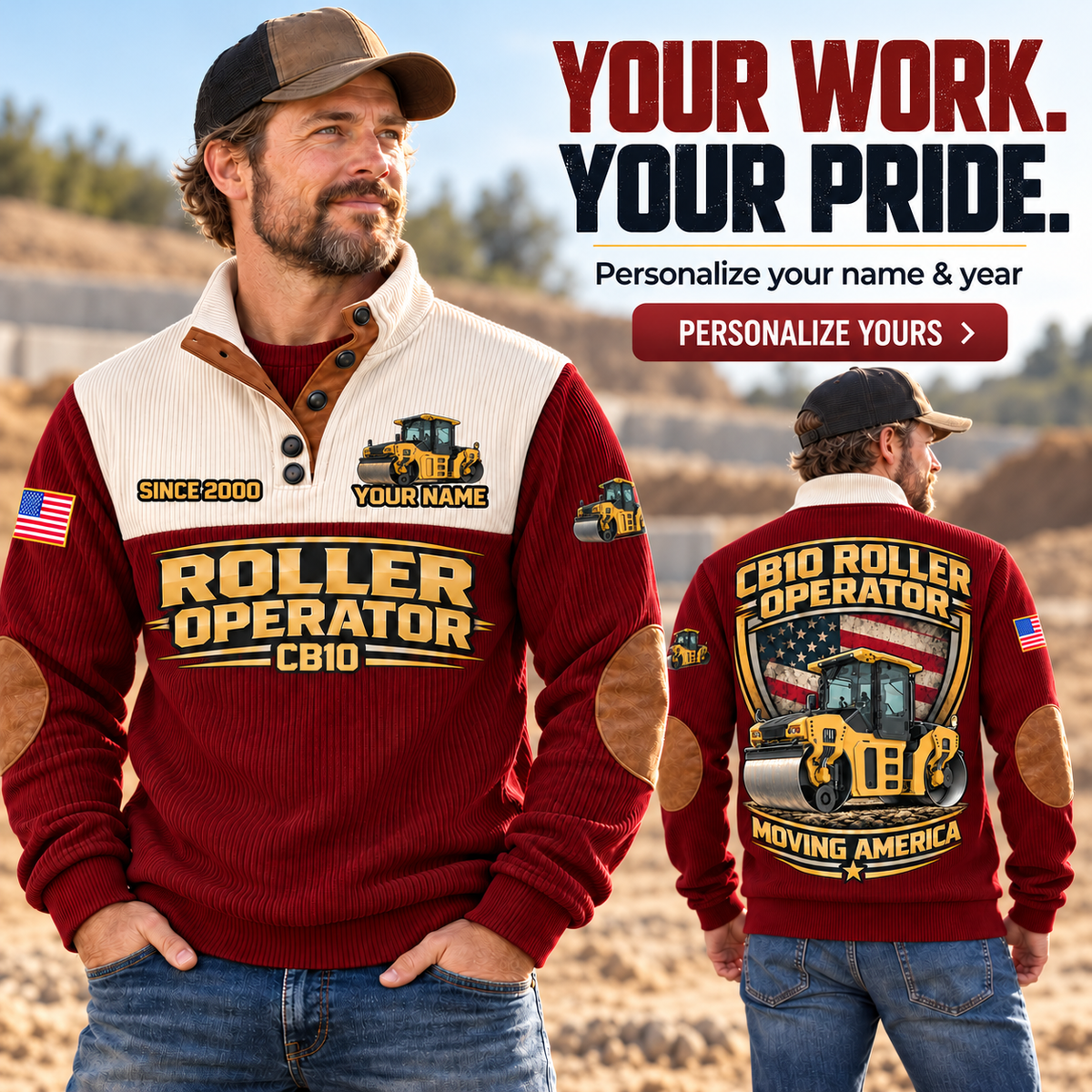 Personalized CB10 Tandem Roller Operator Sports Sweatshirt in Jujube Red, dedicated lifestyle featured image showing front and back artwork, personalized YOUR NAME and SINCE 2000