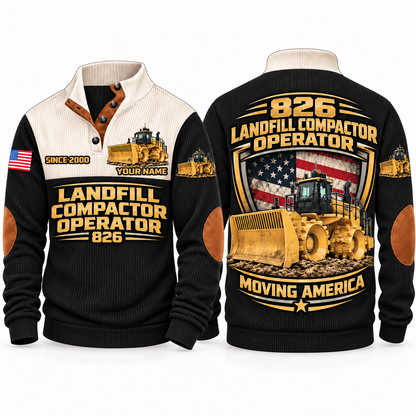 826 Landfill Compactor Operator Sports Sweatshirt in Black, front and back views, sample YOUR NAME and SINCE 2000 personalization