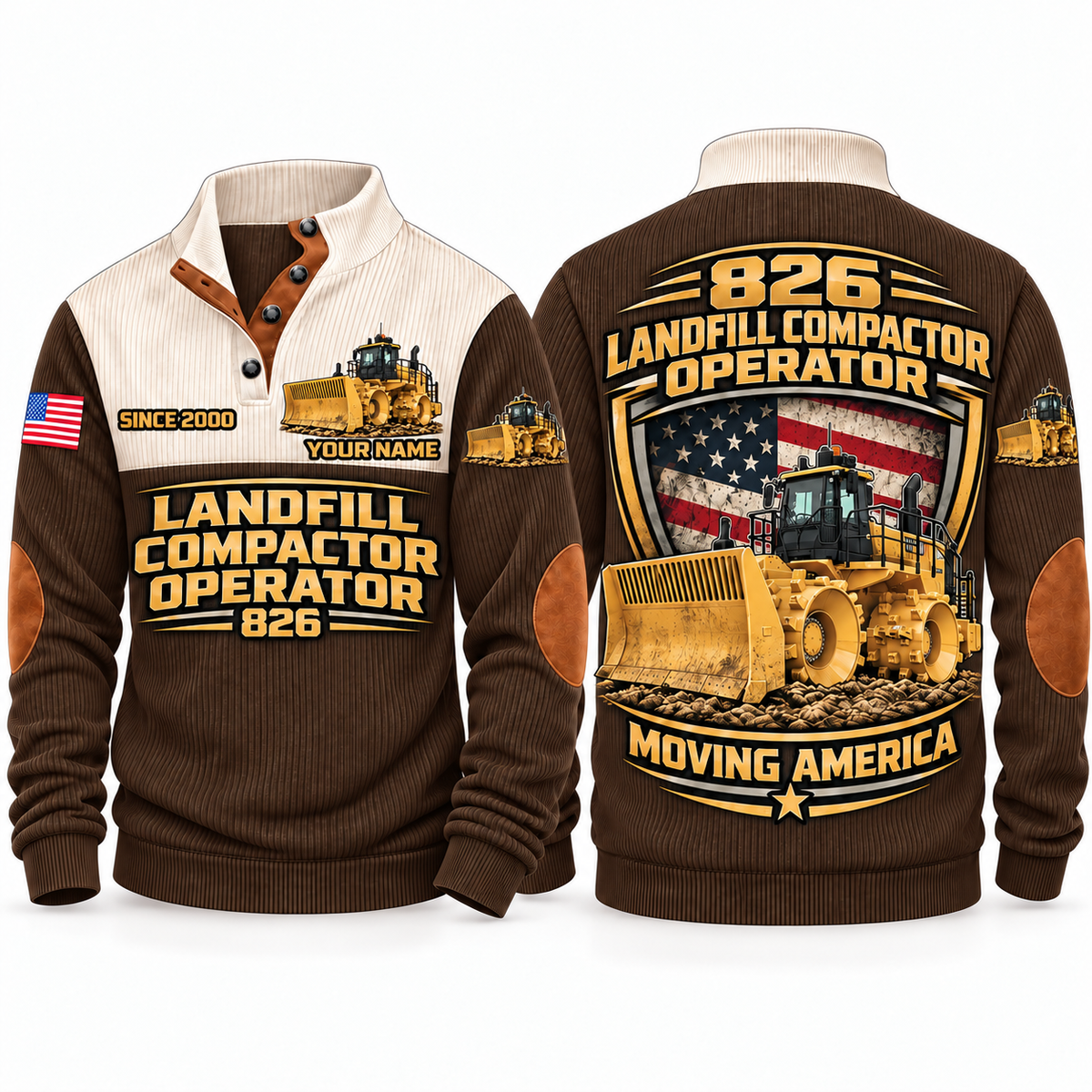 826 Landfill Compactor Operator Sports Sweatshirt in Brown, front and back views, sample YOUR NAME and SINCE 2000 personalization